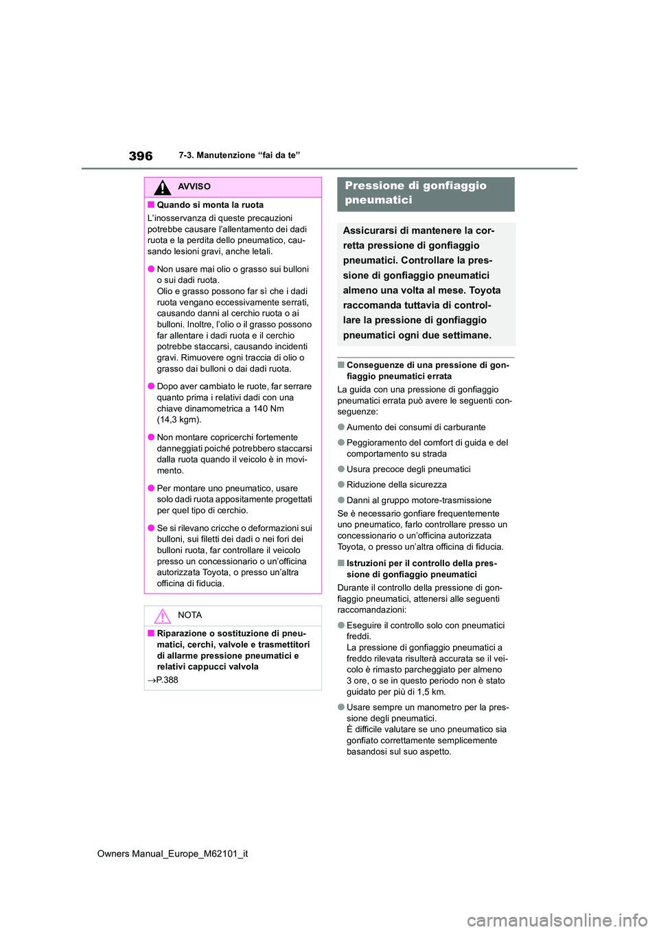 TOYOTA MIRAI 2021  Manuale duso (in Italian) 396
Owners Manual_Europe_M62101_it
7-3. Manutenzione “fai da te”
■Conseguenze di una pressione di gon- 
fiaggio pneumatici errata 
La guida con una pressione di gonfiaggio  pneumatici errata pu