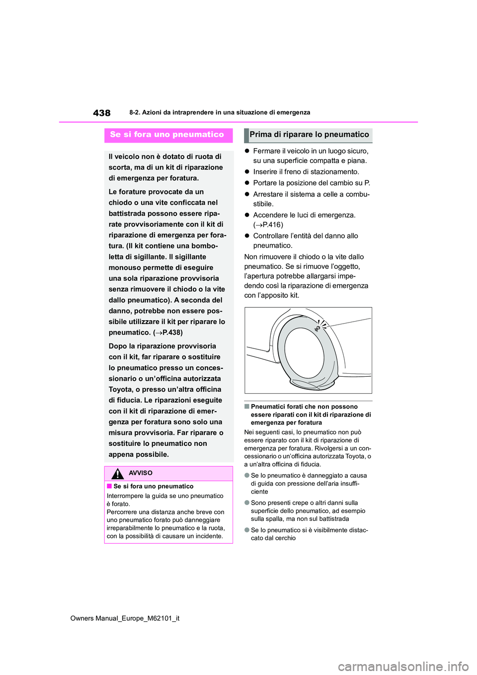 TOYOTA MIRAI 2021  Manuale duso (in Italian) 438
Owners Manual_Europe_M62101_it
8-2. Azioni da intraprendere in una situazione di emergenza
Fermare il veicolo in un luogo sicuro,  
su una superficie compatta e piana. 
 Inserire il freno di