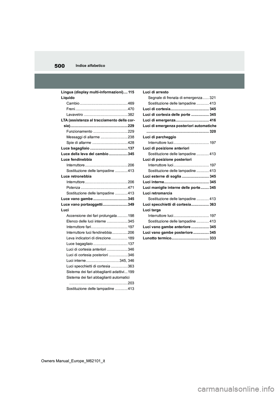 TOYOTA MIRAI 2021 Manuale duso (in Italian) 500
Owners Manual_Europe_M62101_it
Indice alfabetico
Lingua (display multi-informazioni).... 115
Liquido
Cambio .............................................. 469
Freni ............................. TOYOTA MIRAI 2021 Manuale duso (in Italian) 500
Owners Manual_Europe_M62101_it
Indice alfabetico
Lingua (display multi-informazioni).... 115
Liquido
Cambio .............................................. 469
Freni .............................