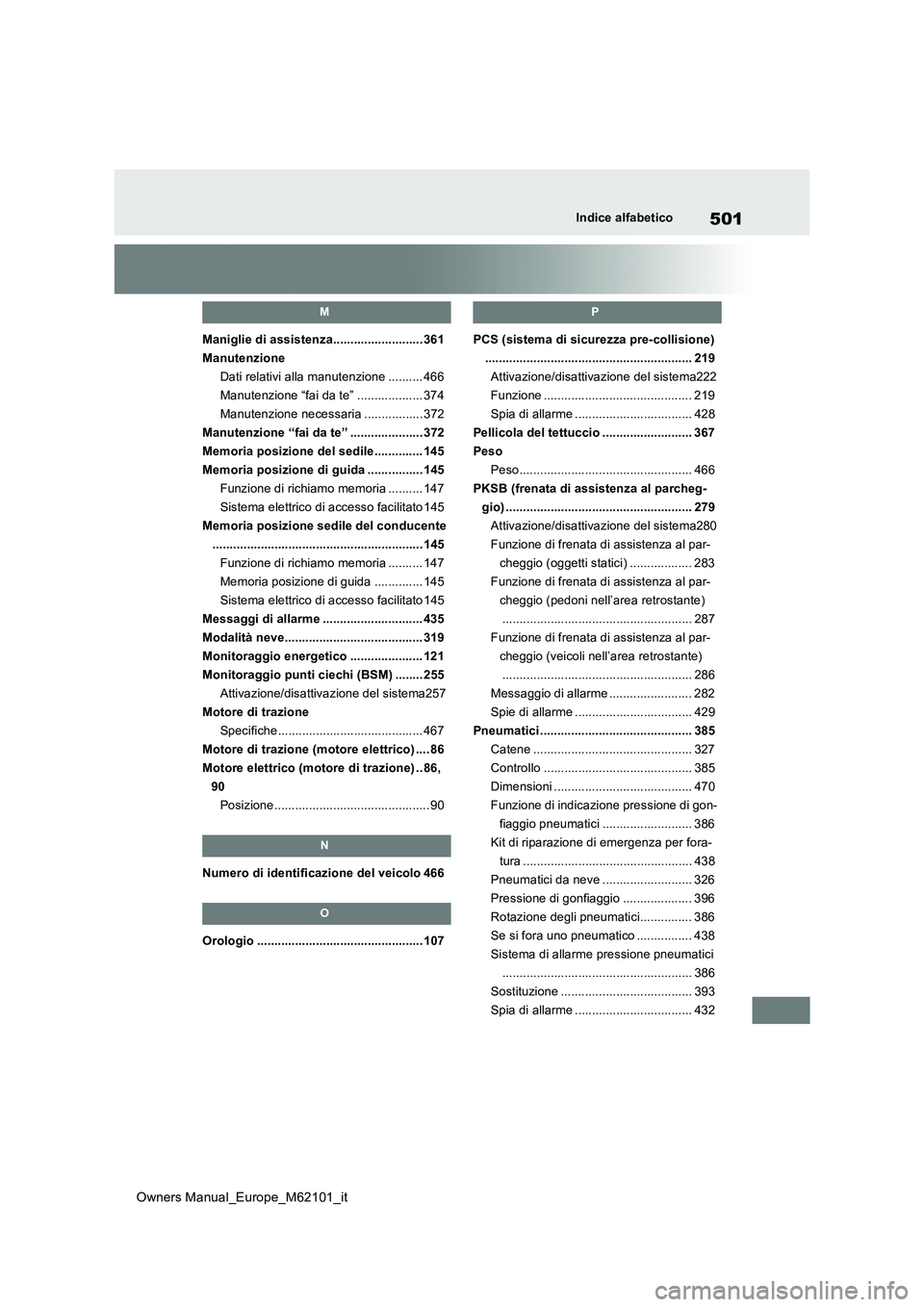 TOYOTA MIRAI 2021 Manuale duso (in Italian) 501
Owners Manual_Europe_M62101_it
Indice alfabetico
M
Maniglie di assistenza.......................... 361
Manutenzione
Dati relativi alla manutenzione .......... 466
Manutenzione “fai da te” .. TOYOTA MIRAI 2021 Manuale duso (in Italian) 501
Owners Manual_Europe_M62101_it
Indice alfabetico
M
Maniglie di assistenza.......................... 361
Manutenzione
Dati relativi alla manutenzione .......... 466
Manutenzione “fai da te” ..