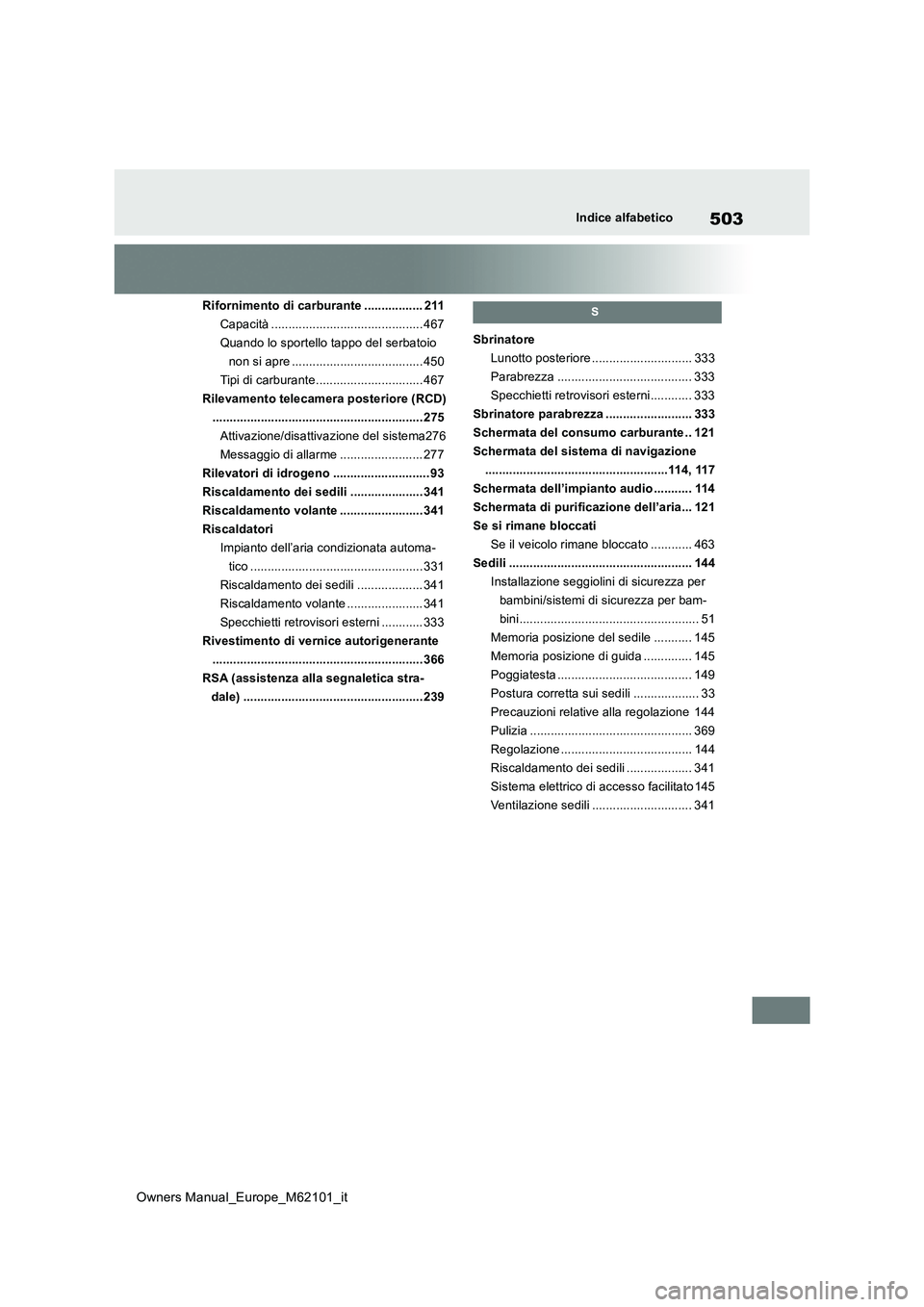 TOYOTA MIRAI 2021 Manuale duso (in Italian) 503
Owners Manual_Europe_M62101_it
Indice alfabetico
Rifornimento di carburante ................. 211
Capacità ............................................ 467
Quando lo sportello tappo del serbatoi TOYOTA MIRAI 2021 Manuale duso (in Italian) 503
Owners Manual_Europe_M62101_it
Indice alfabetico
Rifornimento di carburante ................. 211
Capacità ............................................ 467
Quando lo sportello tappo del serbatoi
