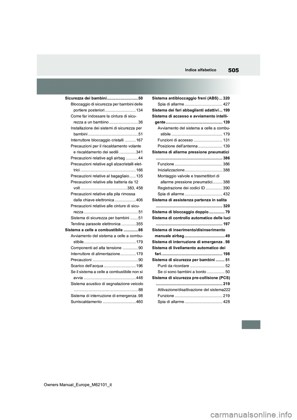 TOYOTA MIRAI 2021 Manuale duso (in Italian) 505
Owners Manual_Europe_M62101_it
Indice alfabetico
Sicurezza dei bambini ............................ 50
Bloccaggio di sicurezza per bambini delle
portiere posteriori ............................ TOYOTA MIRAI 2021 Manuale duso (in Italian) 505
Owners Manual_Europe_M62101_it
Indice alfabetico
Sicurezza dei bambini ............................ 50
Bloccaggio di sicurezza per bambini delle
portiere posteriori ............................