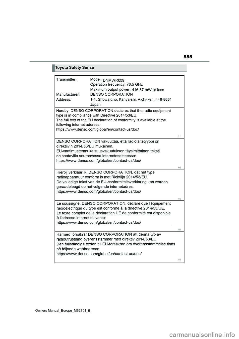 TOYOTA MIRAI 2021 Manuale duso (in Italian) 555
Owners Manual_Europe_M62101_it
Toyota Safety Sense TOYOTA MIRAI 2021 Manuale duso (in Italian) 555
Owners Manual_Europe_M62101_it
Toyota Safety Sense