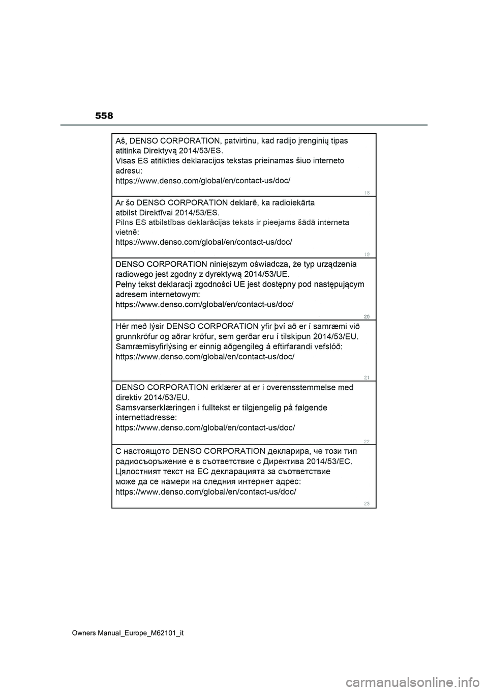 TOYOTA MIRAI 2021 Manuale duso (in Italian) 558
Owners Manual_Europe_M62101_it TOYOTA MIRAI 2021 Manuale duso (in Italian) 558
Owners Manual_Europe_M62101_it