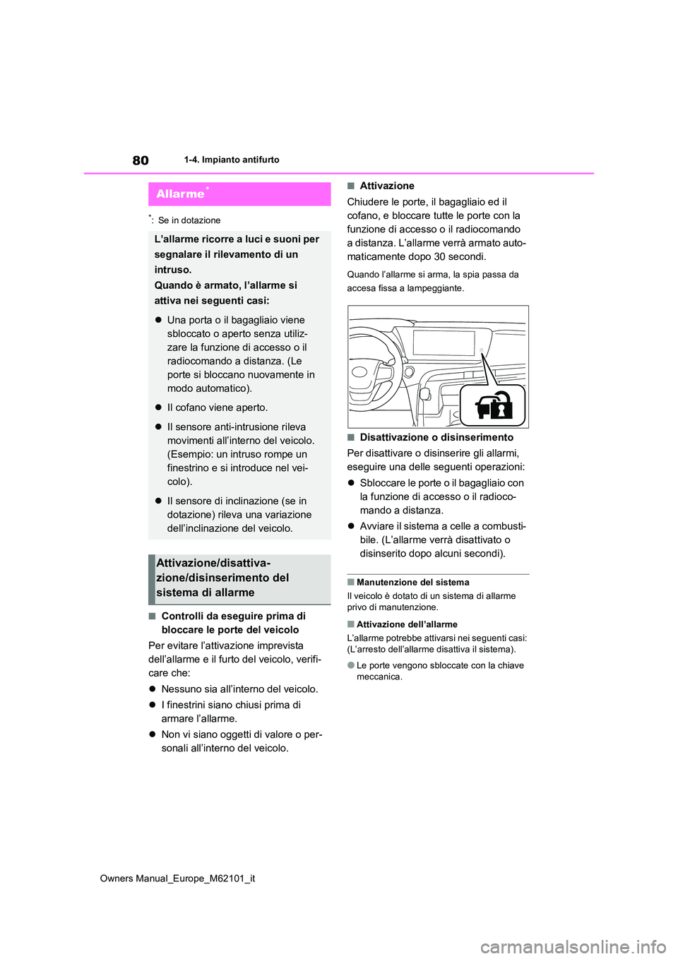 TOYOTA MIRAI 2021 Manuale duso (in Italian) 80
Owners Manual_Europe_M62101_it
1-4. Impianto antifurto
*: Se in dotazione
■Controlli da eseguire prima di
bloccare le porte del veicolo
Per evitare l’attivazione imprevista
dell’allarme TOYOTA MIRAI 2021 Manuale duso (in Italian) 80
Owners Manual_Europe_M62101_it
1-4. Impianto antifurto
*: Se in dotazione
■Controlli da eseguire prima di
bloccare le porte del veicolo
Per evitare l’attivazione imprevista
dell’allarme