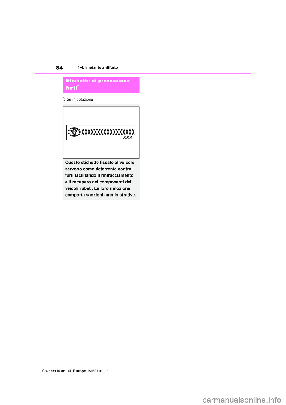 TOYOTA MIRAI 2021 Manuale duso (in Italian) 84
Owners Manual_Europe_M62101_it
1-4. Impianto antifurto
*: Se in dotazione
Etichette di prevenzione
fur ti*
Queste etichette fissate al veicolo
servono come deterrente contro i
furti facilitan TOYOTA MIRAI 2021 Manuale duso (in Italian) 84
Owners Manual_Europe_M62101_it
1-4. Impianto antifurto
*: Se in dotazione
Etichette di prevenzione
fur ti*
Queste etichette fissate al veicolo
servono come deterrente contro i
furti facilitan