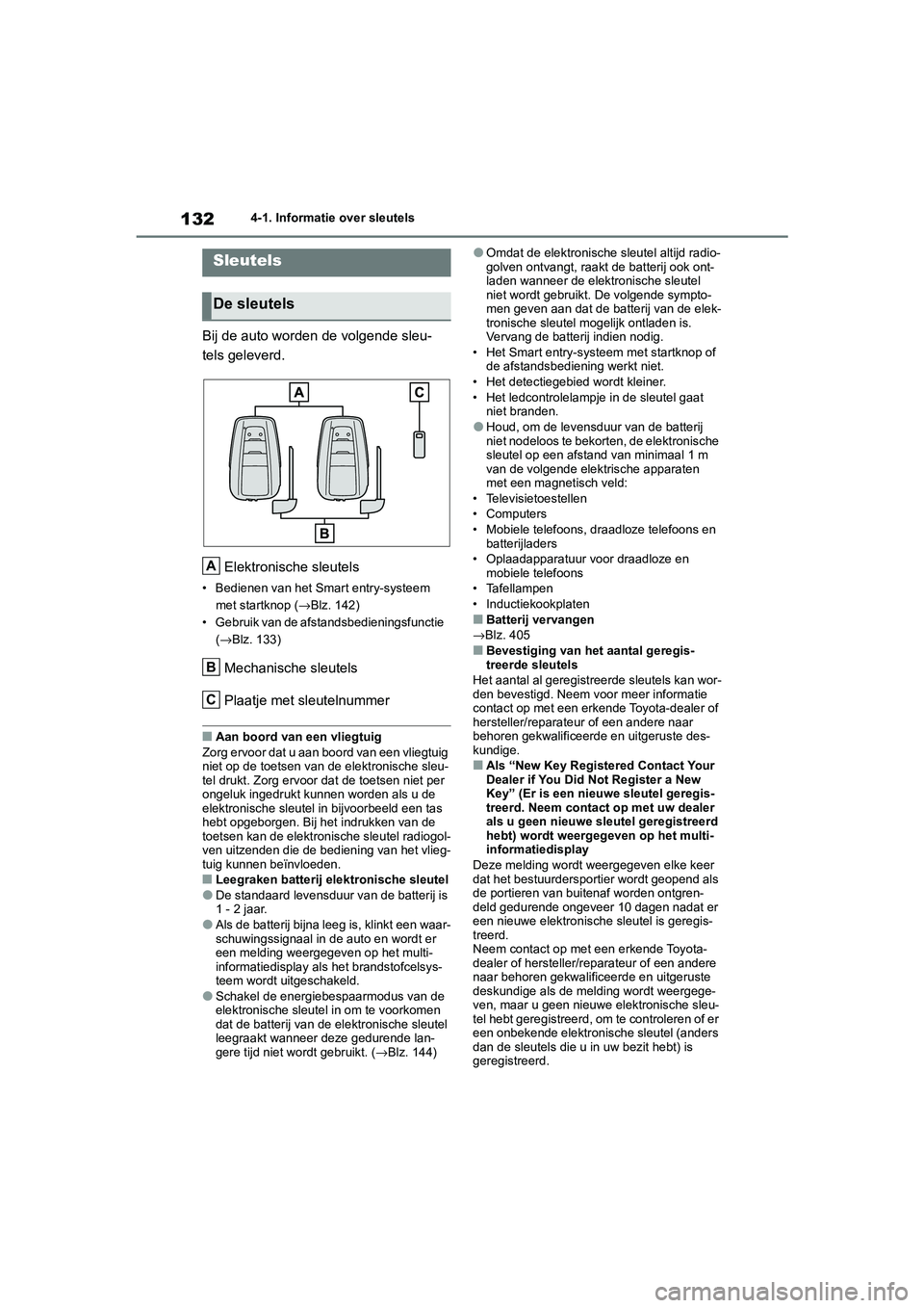 TOYOTA MIRAI 2021 Instructieboekje (in Dutch) 132
MIRAI Handleiding_Europa_M62035_nl
4-1. Informatie over sleutels
4-1.Informatie over sleutels
Bij de auto worden de volgende sleu-
tels geleverd.Elektronische sleutels
• Bedienen van het Smart e TOYOTA MIRAI 2021 Instructieboekje (in Dutch) 132
MIRAI Handleiding_Europa_M62035_nl
4-1. Informatie over sleutels
4-1.Informatie over sleutels
Bij de auto worden de volgende sleu-
tels geleverd.Elektronische sleutels
• Bedienen van het Smart e