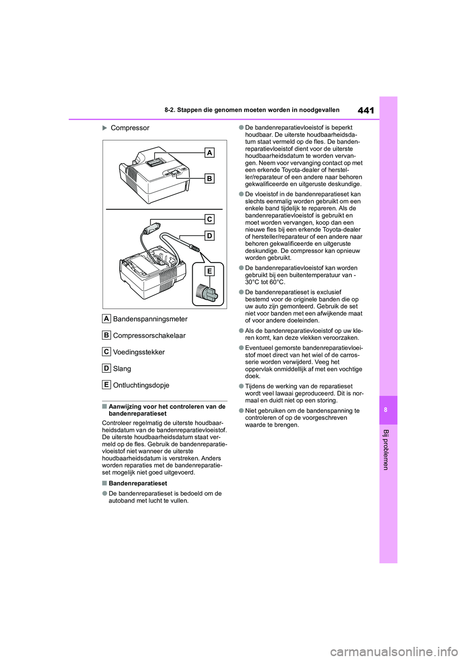 TOYOTA MIRAI 2021  Instructieboekje (in Dutch) 441
8
MIRAI Handleiding_Europa_M62035_nl
8-2. Stappen die genomen moeten worden in noodgevallen
Bij problemen
CompressorBandenspanningsmeter
Compressorschakelaar
Voedingsstekker
Slang
Ontluchtingsd