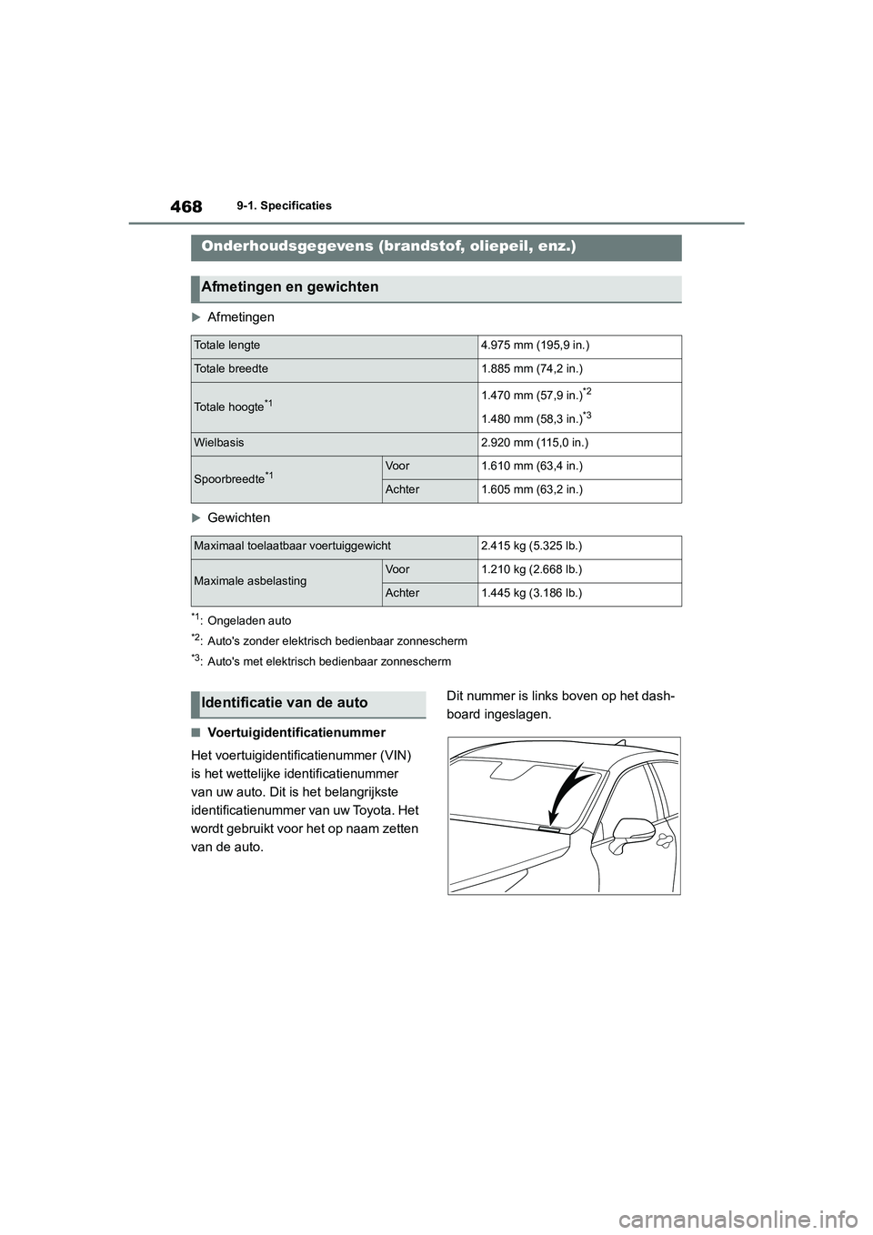 TOYOTA MIRAI 2021 Instructieboekje (in Dutch) 468
MIRAI Handleiding_Europa_M62035_nl
9-1. Specificaties
9-1.Specificaties
Afmetingen
Gewichten
*1: Ongeladen auto
*2: Autos zonder elektrisch bedienbaar zonnescherm
*3: Autos met elektrisch TOYOTA MIRAI 2021 Instructieboekje (in Dutch) 468
MIRAI Handleiding_Europa_M62035_nl
9-1. Specificaties
9-1.Specificaties
Afmetingen
Gewichten
*1: Ongeladen auto
*2: Autos zonder elektrisch bedienbaar zonnescherm
*3: Autos met elektrisch
