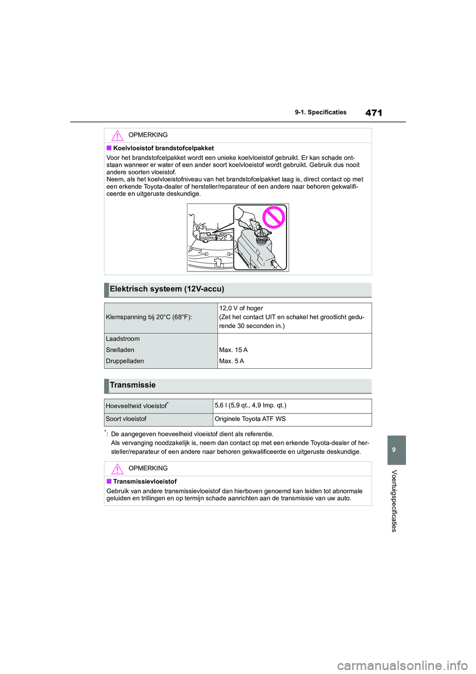 TOYOTA MIRAI 2021  Instructieboekje (in Dutch) 471
9
MIRAI Handleiding_Europa_M62035_nl
9-1. Specificaties
Voertuigspecificaties
*: De aangegeven hoeveelheid vloeistof dient als referentie.Als vervanging noodzakelijk is, neem dan contac t op met e