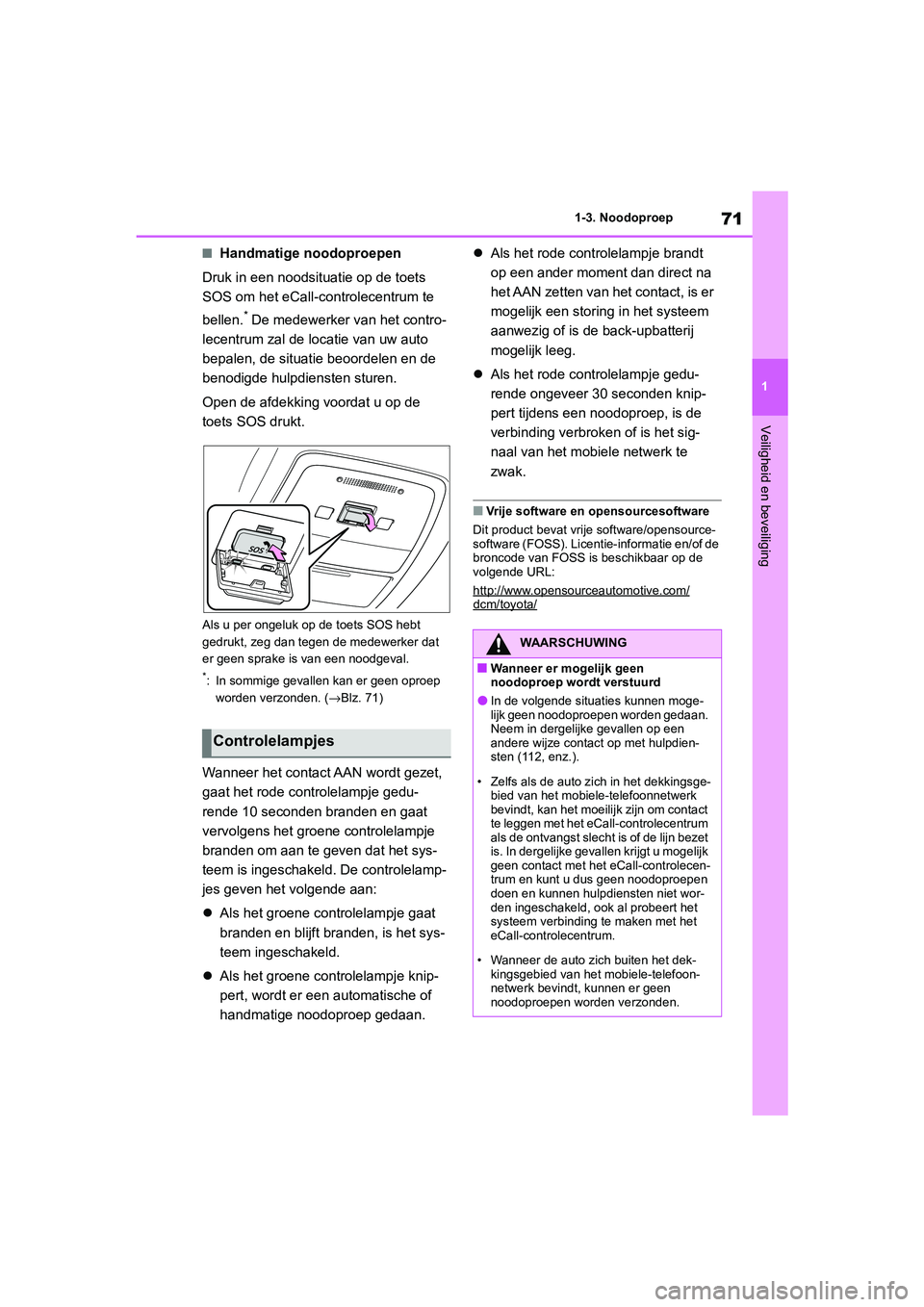 TOYOTA MIRAI 2021 Instructieboekje (in Dutch) 71
1
MIRAI Handleiding_Europa_M62035_nl
1-3. Noodoproep
Veiligheid en beveiliging
■Handmatige noodoproepen
Druk in een noodsituatie op de toets
SOS om het eCall-controlecentrum te
bellen.
* De med TOYOTA MIRAI 2021 Instructieboekje (in Dutch) 71
1
MIRAI Handleiding_Europa_M62035_nl
1-3. Noodoproep
Veiligheid en beveiliging
■Handmatige noodoproepen
Druk in een noodsituatie op de toets
SOS om het eCall-controlecentrum te
bellen.
* De med