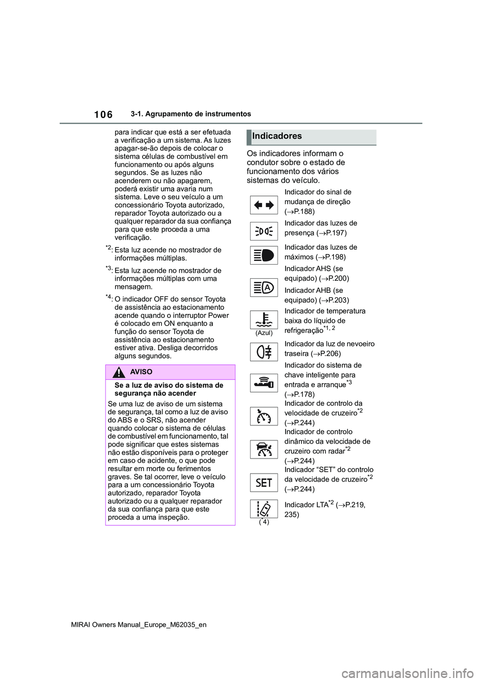 TOYOTA MIRAI 2021 Manual de utilização (in Portuguese) 106
MIRAI Owners Manual_Europe_M62035_en
3-1. Agrupamento de instrumentos
para indicar que está a ser efetuada
a verificação a um sistema. As luzes
apagar-se-ão depois de colocar o
sistema cél TOYOTA MIRAI 2021 Manual de utilização (in Portuguese) 106
MIRAI Owners Manual_Europe_M62035_en
3-1. Agrupamento de instrumentos
para indicar que está a ser efetuada
a verificação a um sistema. As luzes
apagar-se-ão depois de colocar o
sistema cél