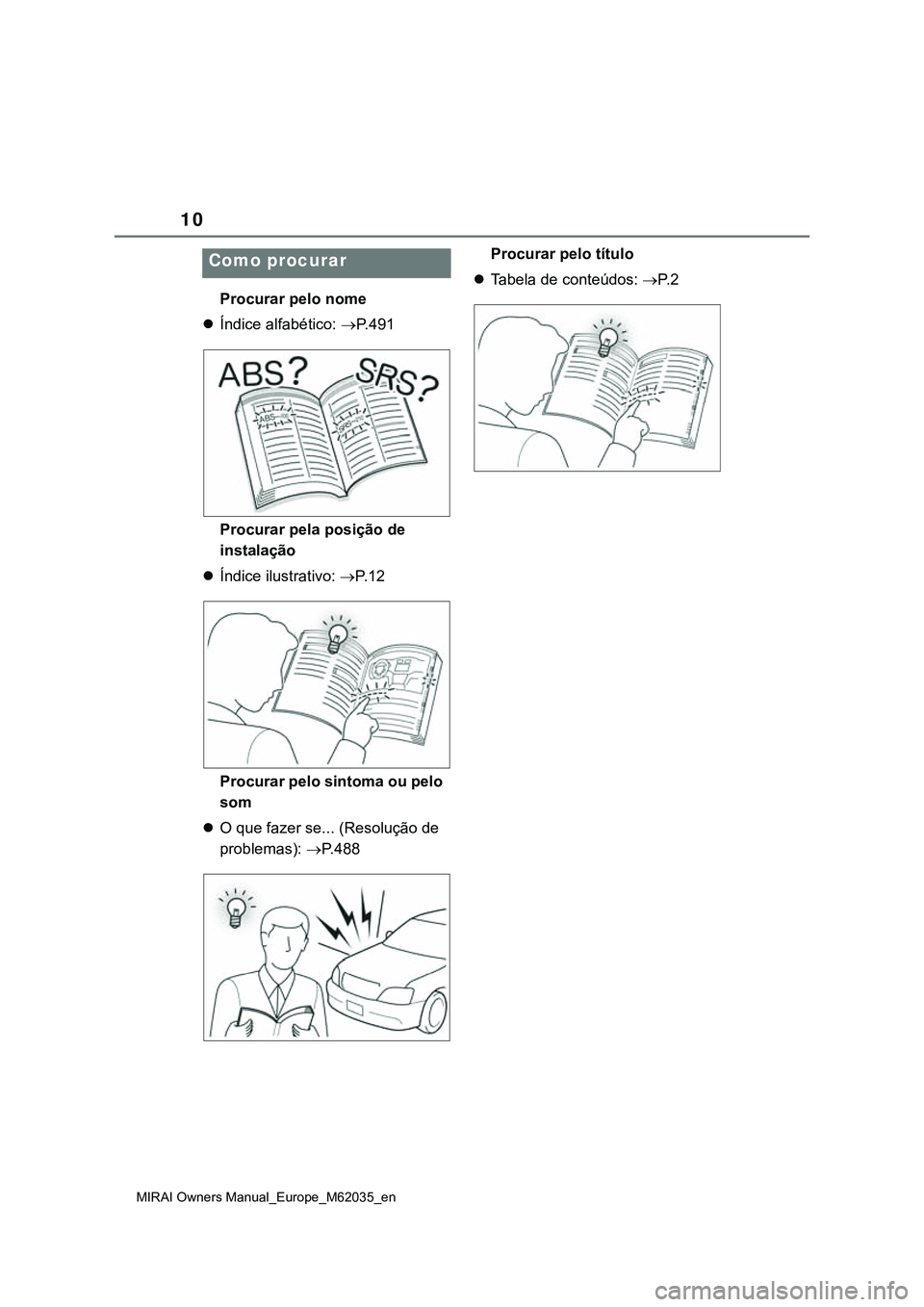 TOYOTA MIRAI 2021  Manual de utilização (in Portuguese) 10
MIRAI Owners Manual_Europe_M62035_en
Procurar pelo nome
Índice alfabético: P. 4 9 1
Procurar pela posição de 
instalação
Índice ilustrativo: P. 1 2
Procurar pelo sintoma ou pelo 