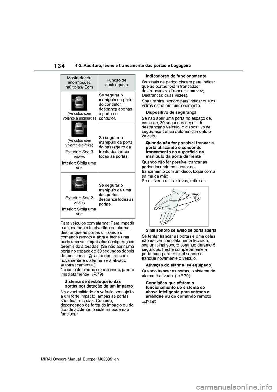 TOYOTA MIRAI 2021 Manual de utilização (in Portuguese) 134
MIRAI Owners Manual_Europe_M62035_en
4-2. Abertura, fecho e trancamento das portas e bagageira
Para veículos com alarme: Para impedir
o acionamento inadvertido do alarme,
destranque as portas u TOYOTA MIRAI 2021 Manual de utilização (in Portuguese) 134
MIRAI Owners Manual_Europe_M62035_en
4-2. Abertura, fecho e trancamento das portas e bagageira
Para veículos com alarme: Para impedir
o acionamento inadvertido do alarme,
destranque as portas u