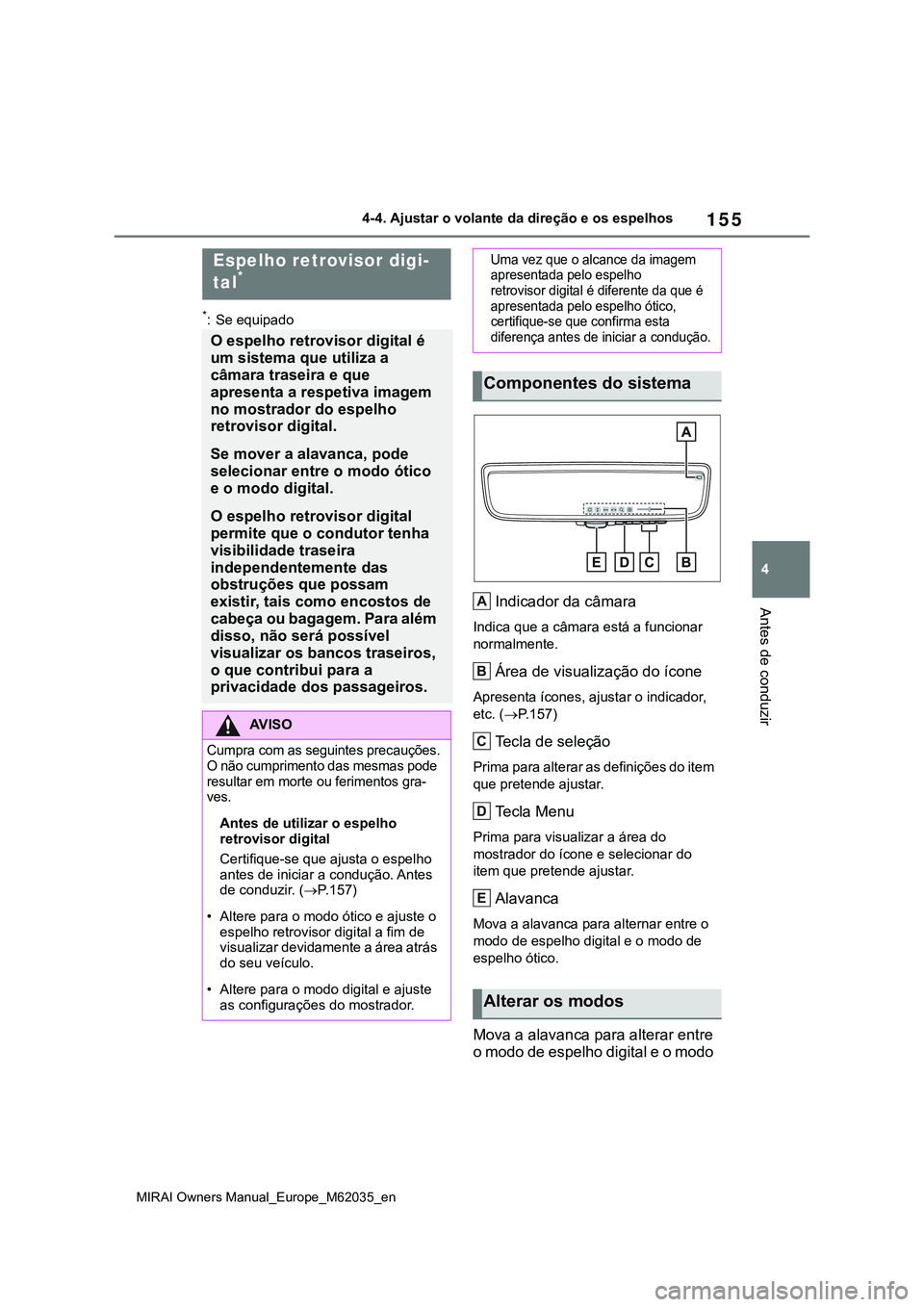 TOYOTA MIRAI 2021 Manual de utilização (in Portuguese) 155
4
MIRAI Owners Manual_Europe_M62035_en
4-4. Ajustar o volante da direção e os espelhos
Antes de conduzir
*: Se equipado
Indicador da câmara
Indica que a câmara está a funcionar
normalmente.
TOYOTA MIRAI 2021 Manual de utilização (in Portuguese) 155
4
MIRAI Owners Manual_Europe_M62035_en
4-4. Ajustar o volante da direção e os espelhos
Antes de conduzir
*: Se equipado
Indicador da câmara
Indica que a câmara está a funcionar
normalmente.