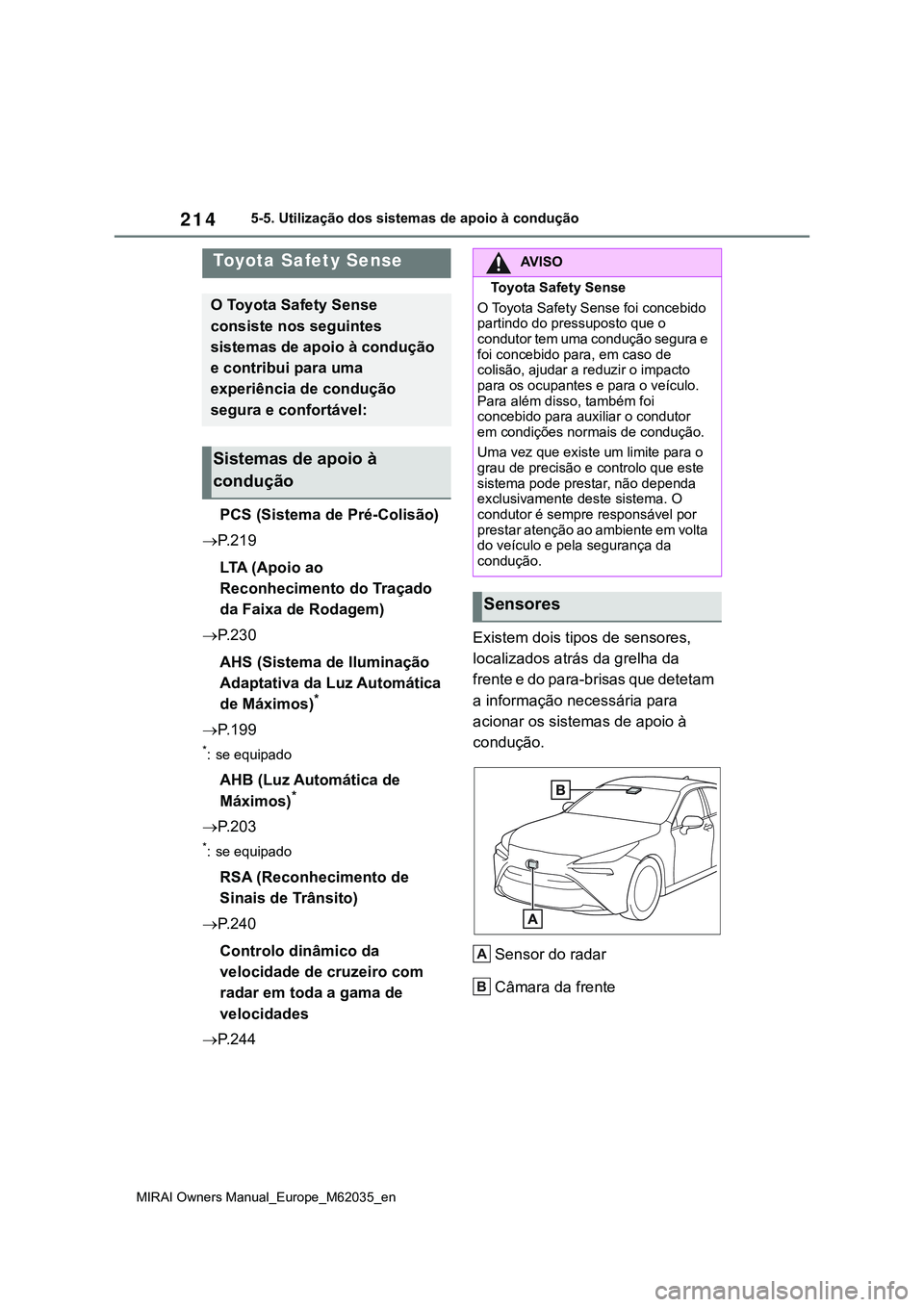 TOYOTA MIRAI 2021 Manual de utilização (in Portuguese) 214
MIRAI Owners Manual_Europe_M62035_en
5-5. Utilização dos sistemas de apoio à condução
5-5.Utilização dos sistemas de apoio à condução
PCS (Sistema de Pré-Colisão)
P. 2 1 9
LTA (Apoi TOYOTA MIRAI 2021 Manual de utilização (in Portuguese) 214
MIRAI Owners Manual_Europe_M62035_en
5-5. Utilização dos sistemas de apoio à condução
5-5.Utilização dos sistemas de apoio à condução
PCS (Sistema de Pré-Colisão)
P. 2 1 9
LTA (Apoi