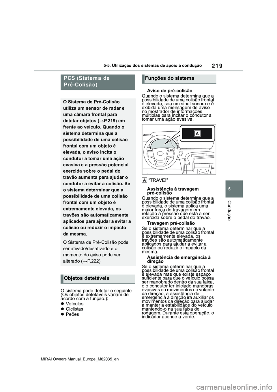 TOYOTA MIRAI 2021 Manual de utilização (in Portuguese) 219
5
MIRAI Owners Manual_Europe_M62035_en
5-5. Utilização dos sistemas de apoio à condução
Condução
O sistema pode detetar o seguinte
(Os objetos detetáveis variam de
acordo com a função. TOYOTA MIRAI 2021 Manual de utilização (in Portuguese) 219
5
MIRAI Owners Manual_Europe_M62035_en
5-5. Utilização dos sistemas de apoio à condução
Condução
O sistema pode detetar o seguinte
(Os objetos detetáveis variam de
acordo com a função.