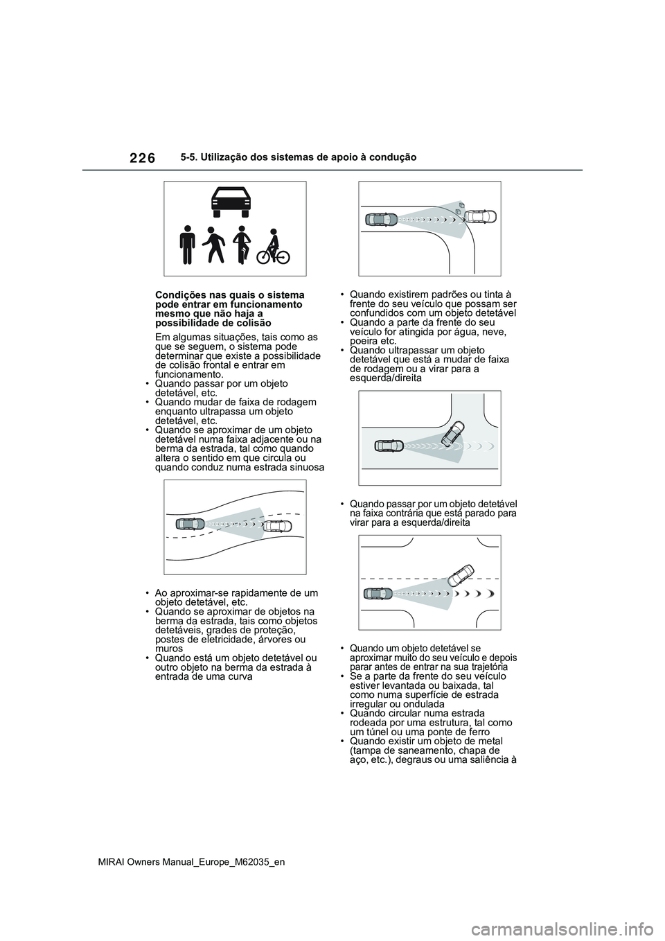 TOYOTA MIRAI 2021 Manual de utilização (in Portuguese) 226
MIRAI Owners Manual_Europe_M62035_en
5-5. Utilização dos sistemas de apoio à condução
Condições nas quais o sistema
pode entrar em funcionamento
mesmo que não haja a
possibilidade de co TOYOTA MIRAI 2021 Manual de utilização (in Portuguese) 226
MIRAI Owners Manual_Europe_M62035_en
5-5. Utilização dos sistemas de apoio à condução
Condições nas quais o sistema
pode entrar em funcionamento
mesmo que não haja a
possibilidade de co
