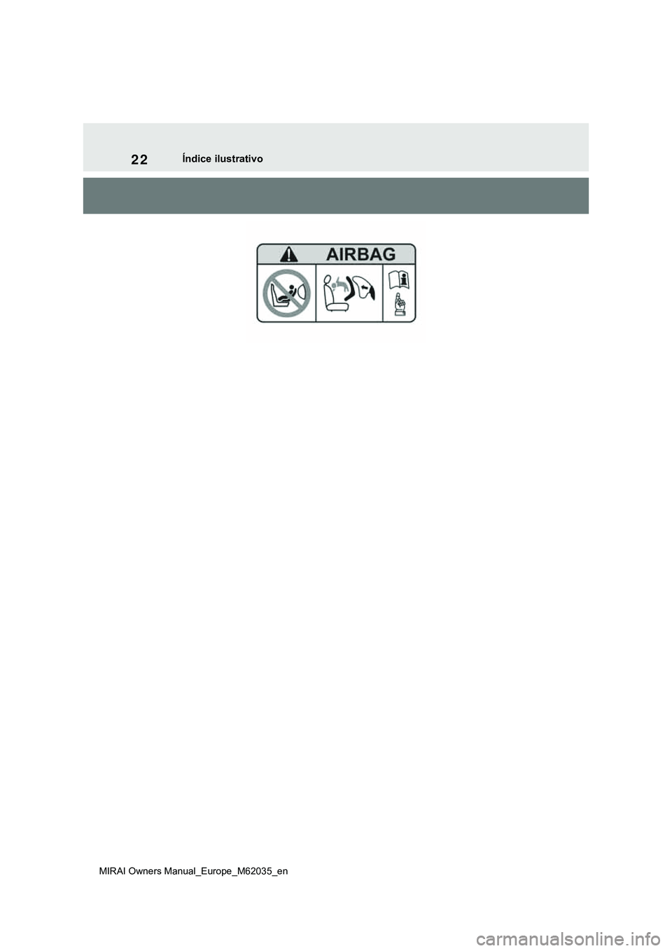 TOYOTA MIRAI 2021  Manual de utilização (in Portuguese) 22
MIRAI Owners Manual_Europe_M62035_en
Índice ilustrativo 