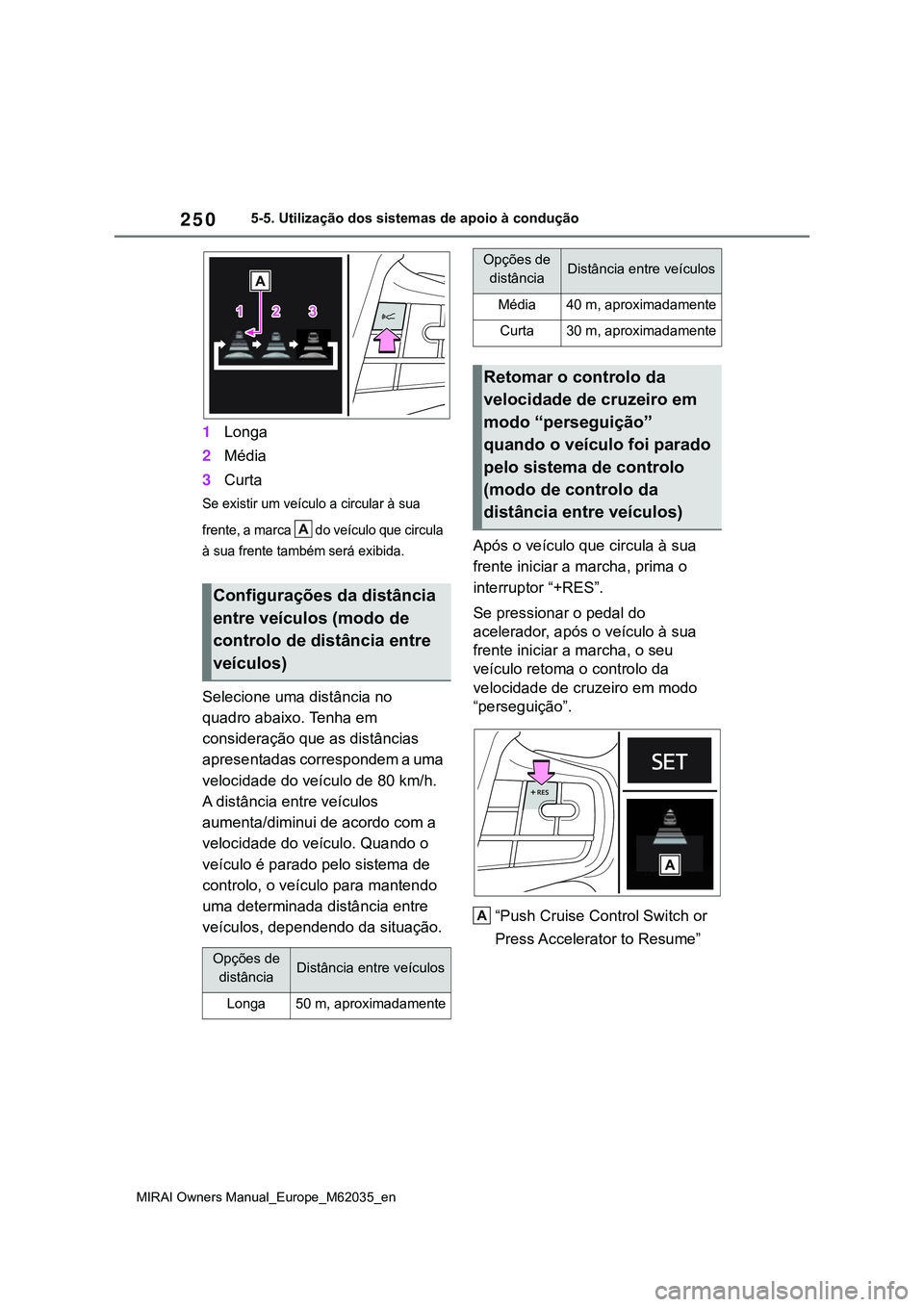 TOYOTA MIRAI 2021 Manual de utilização (in Portuguese) 250
MIRAI Owners Manual_Europe_M62035_en
5-5. Utilização dos sistemas de apoio à condução
1Longa
2Média
3Curta
Se existir um veículo a circular à sua
frente, a marca do veículo que circula TOYOTA MIRAI 2021 Manual de utilização (in Portuguese) 250
MIRAI Owners Manual_Europe_M62035_en
5-5. Utilização dos sistemas de apoio à condução
1Longa
2Média
3Curta
Se existir um veículo a circular à sua
frente, a marca do veículo que circula