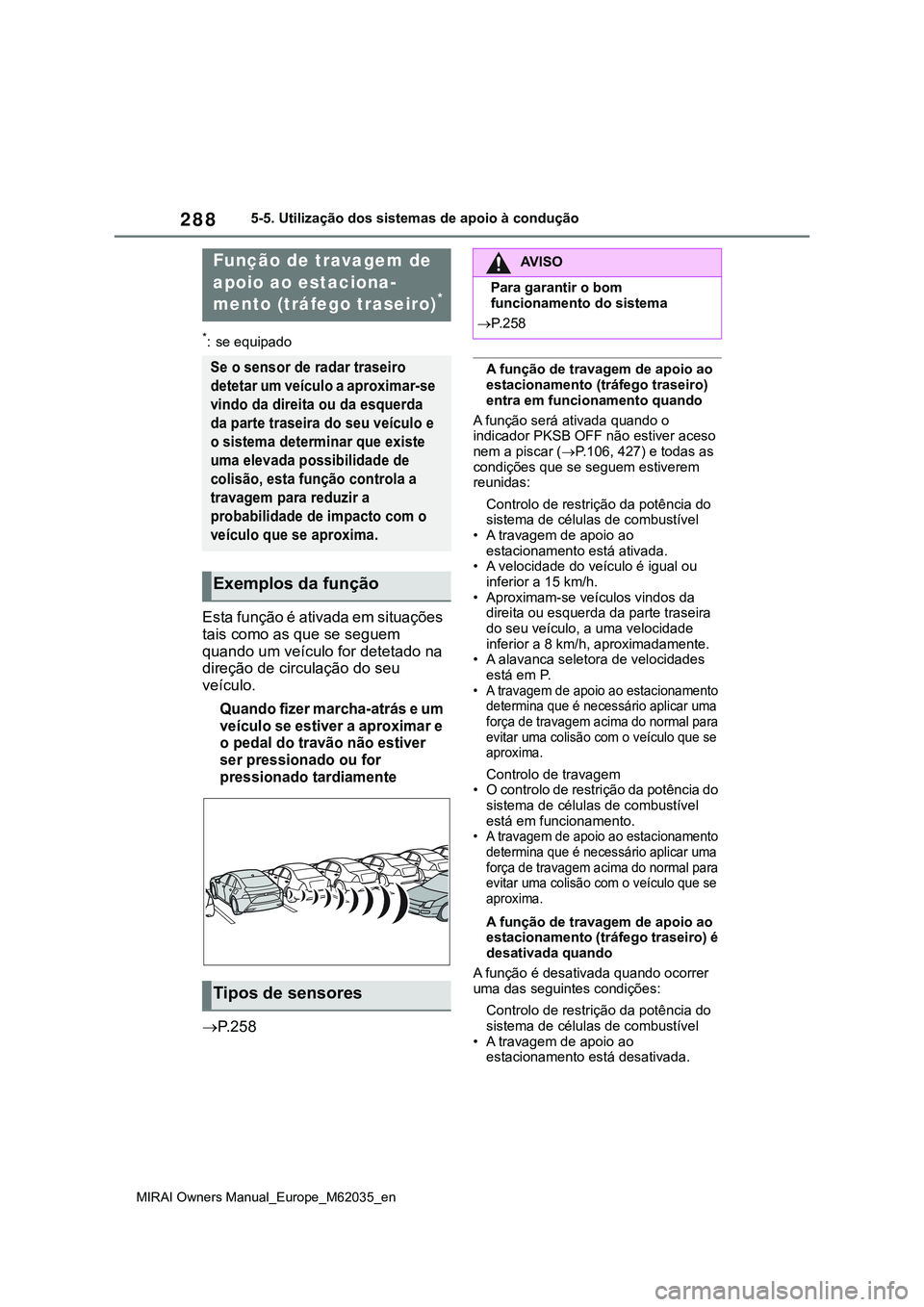 TOYOTA MIRAI 2021  Manual de utilização (in Portuguese) 288
MIRAI Owners Manual_Europe_M62035_en
5-5. Utilização dos sistemas de apoio à condução
*: se equipado
Esta função é ativada em situações 
tais como as que se seguem 
quando um veículo fo