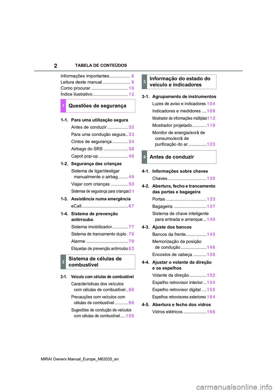 TOYOTA MIRAI 2021 Manual de utilização (in Portuguese) 2
MIRAI Owners Manual_Europe_M62035_en
TABELA DE CONTEÚDOS
Informações importantes .................6
Leitura deste manual .......................9
Como procurar ..............................10
Í TOYOTA MIRAI 2021 Manual de utilização (in Portuguese) 2
MIRAI Owners Manual_Europe_M62035_en
TABELA DE CONTEÚDOS
Informações importantes .................6
Leitura deste manual .......................9
Como procurar ..............................10
Í