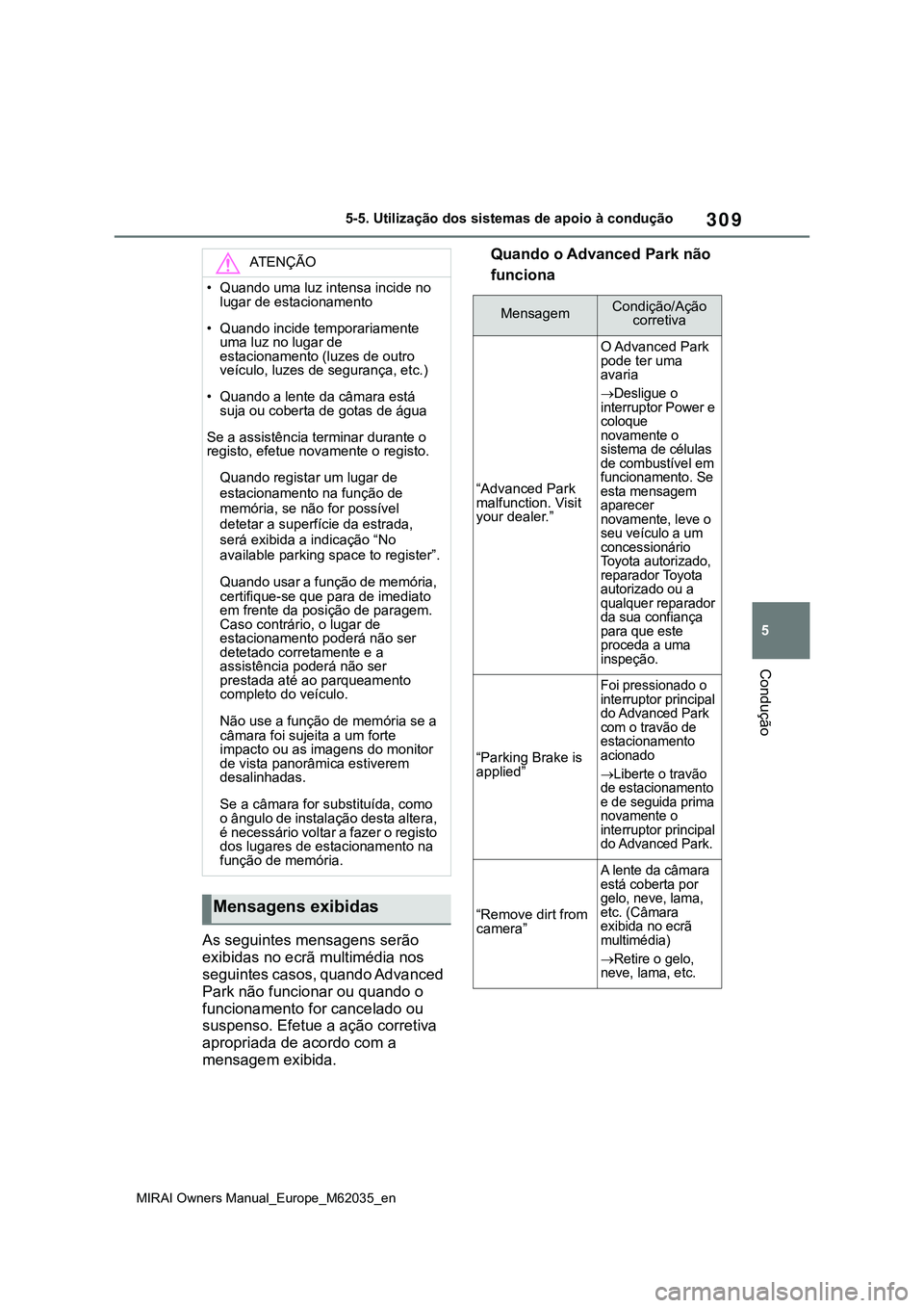 TOYOTA MIRAI 2021 Manual de utilização (in Portuguese) 309
5
MIRAI Owners Manual_Europe_M62035_en
5-5. Utilização dos sistemas de apoio à condução
Condução
As seguintes mensagens serão
exibidas no ecrã multimédia nos
seguintes casos, quando Ad TOYOTA MIRAI 2021 Manual de utilização (in Portuguese) 309
5
MIRAI Owners Manual_Europe_M62035_en
5-5. Utilização dos sistemas de apoio à condução
Condução
As seguintes mensagens serão
exibidas no ecrã multimédia nos
seguintes casos, quando Ad