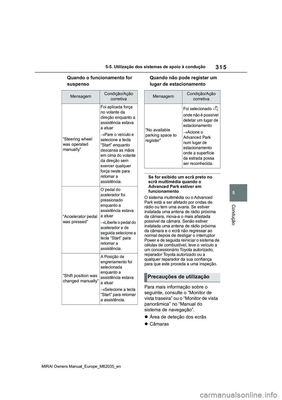 TOYOTA MIRAI 2021 Manual de utilização (in Portuguese) 315
5
MIRAI Owners Manual_Europe_M62035_en
5-5. Utilização dos sistemas de apoio à condução
Condução
Quando o funcionamento for
suspensoQuando não pode registar um
lugar de estacionamento
Se TOYOTA MIRAI 2021 Manual de utilização (in Portuguese) 315
5
MIRAI Owners Manual_Europe_M62035_en
5-5. Utilização dos sistemas de apoio à condução
Condução
Quando o funcionamento for
suspensoQuando não pode registar um
lugar de estacionamento
Se