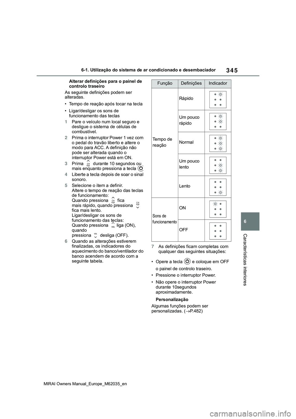 TOYOTA MIRAI 2021  Manual de utilização (in Portuguese) 345
6
MIRAI Owners Manual_Europe_M62035_en
6-1. Utilização do sistema de ar condicionado e desembaciador
Características interiores
Alterar definições para o painel de 
controlo traseiro
As segui