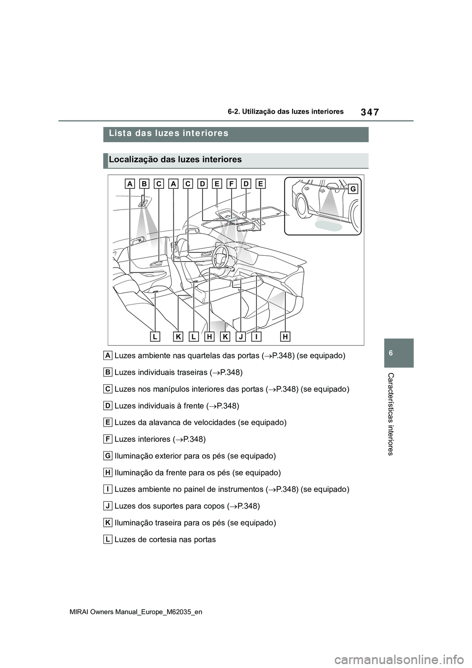 TOYOTA MIRAI 2021  Manual de utilização (in Portuguese) 347
6
MIRAI Owners Manual_Europe_M62035_en
6-2. Utilização das luzes interiores
Características interiores
6-2.Utilização das luzes interiores
Luzes ambiente nas quartelas das portas (P.348) (