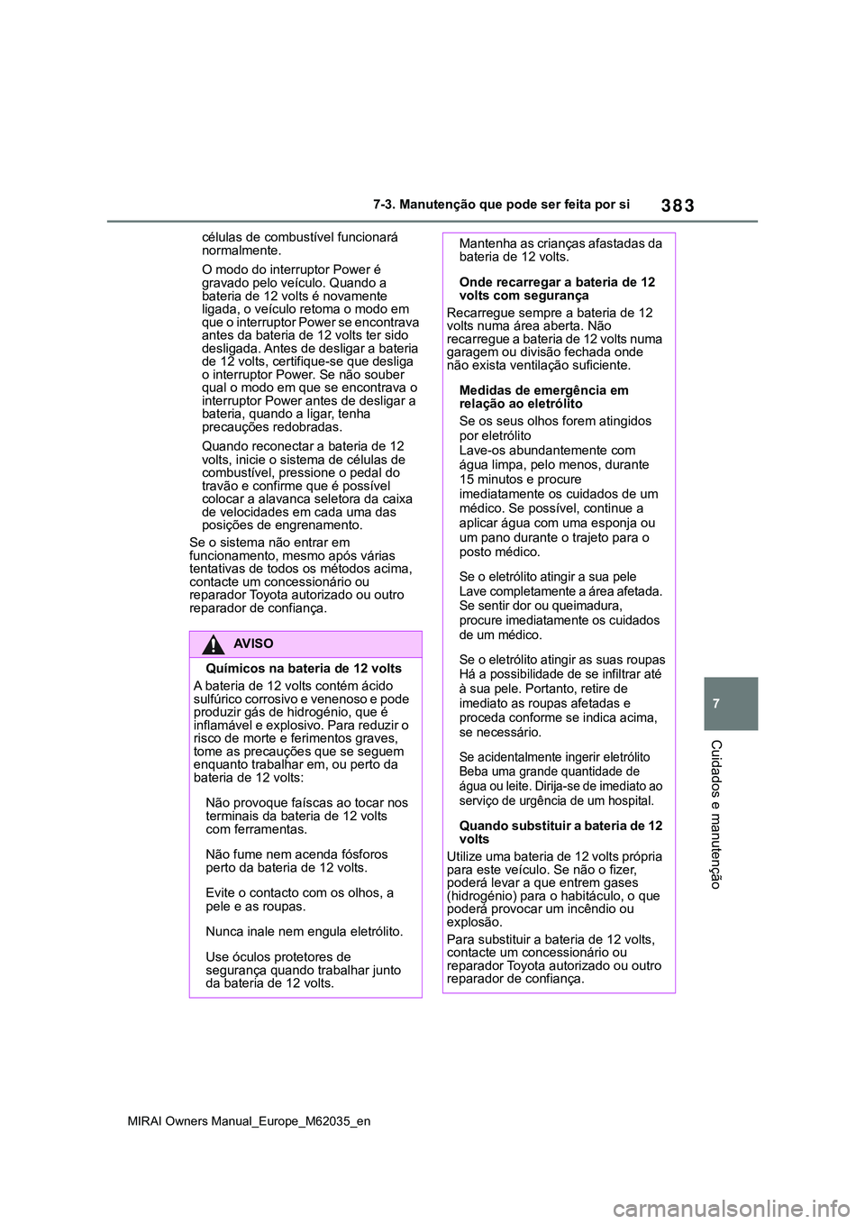 TOYOTA MIRAI 2021  Manual de utilização (in Portuguese) 383
7
MIRAI Owners Manual_Europe_M62035_en
7-3. Manutenção que pode ser feita por si
Cuidados e manutenção
células de combustível funcionará 
normalmente.
O modo do interruptor Power é 
gravad