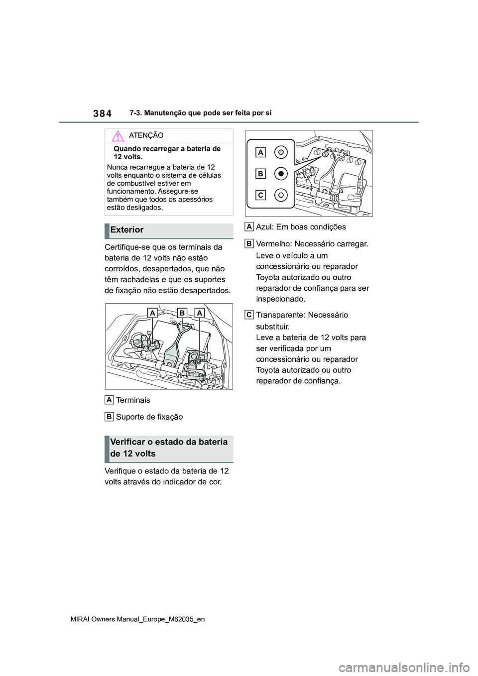 TOYOTA MIRAI 2021  Manual de utilização (in Portuguese) 384
MIRAI Owners Manual_Europe_M62035_en
7-3. Manutenção que pode ser feita por si
Certifique-se que os terminais da 
bateria de 12 volts não estão 
corroídos, desapertados, que não 
têm rachad