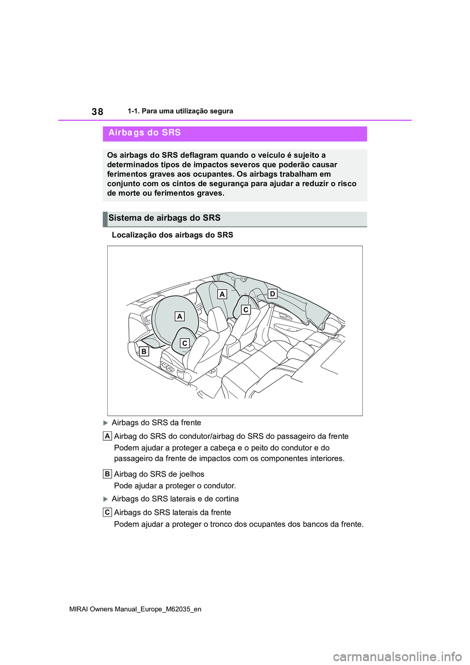 TOYOTA MIRAI 2021 Manual de utilização (in Portuguese) 38
MIRAI Owners Manual_Europe_M62035_en
1-1. Para uma utilização segura
Localização dos airbags do SRS
Airbags do SRS da frente
Airbag do SRS do condutor/airbag do SRS do passageiro da frente
P TOYOTA MIRAI 2021 Manual de utilização (in Portuguese) 38
MIRAI Owners Manual_Europe_M62035_en
1-1. Para uma utilização segura
Localização dos airbags do SRS
Airbags do SRS da frente
Airbag do SRS do condutor/airbag do SRS do passageiro da frente
P