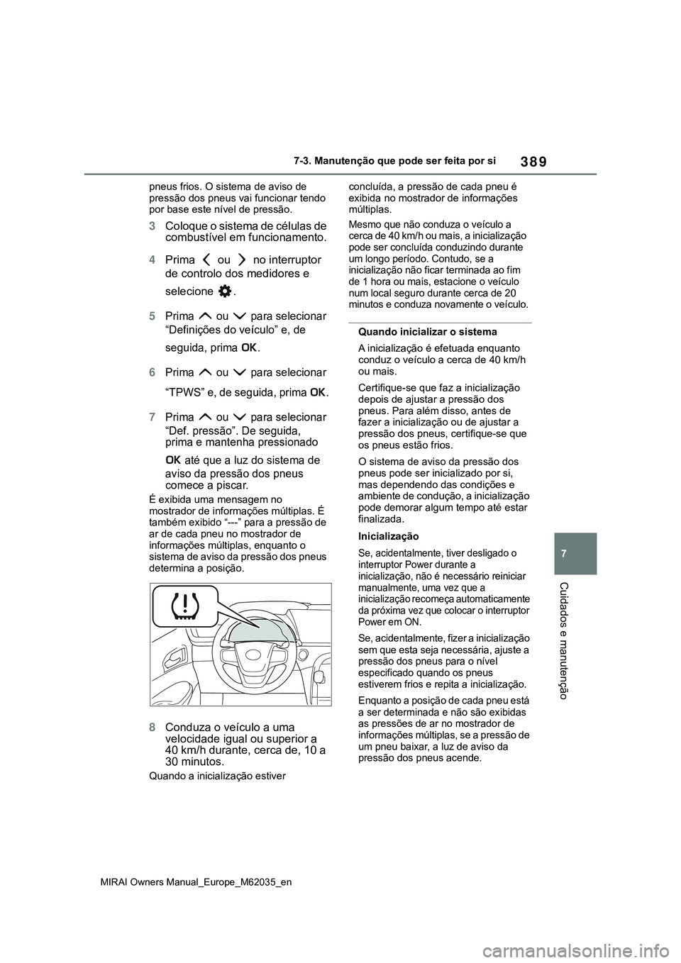 TOYOTA MIRAI 2021  Manual de utilização (in Portuguese) 389
7
MIRAI Owners Manual_Europe_M62035_en
7-3. Manutenção que pode ser feita por si
Cuidados e manutenção
pneus frios. O sistema de aviso de 
pressão dos pneus vai funcionar tendo 
por base este