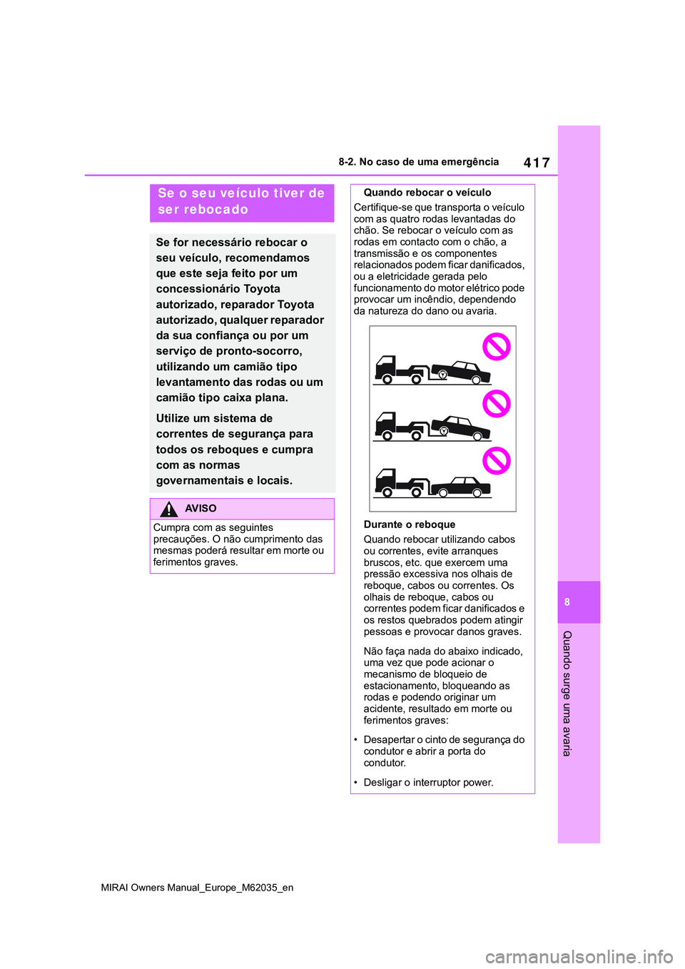 TOYOTA MIRAI 2021 Manual de utilização (in Portuguese) 417
8
MIRAI Owners Manual_Europe_M62035_en
8-2. No caso de uma emergência
Quando surge uma avaria
8-2.No caso de uma emergência
Se o seu veículo tiver de
ser rebocado
Se for necessário rebocar o TOYOTA MIRAI 2021 Manual de utilização (in Portuguese) 417
8
MIRAI Owners Manual_Europe_M62035_en
8-2. No caso de uma emergência
Quando surge uma avaria
8-2.No caso de uma emergência
Se o seu veículo tiver de
ser rebocado
Se for necessário rebocar o