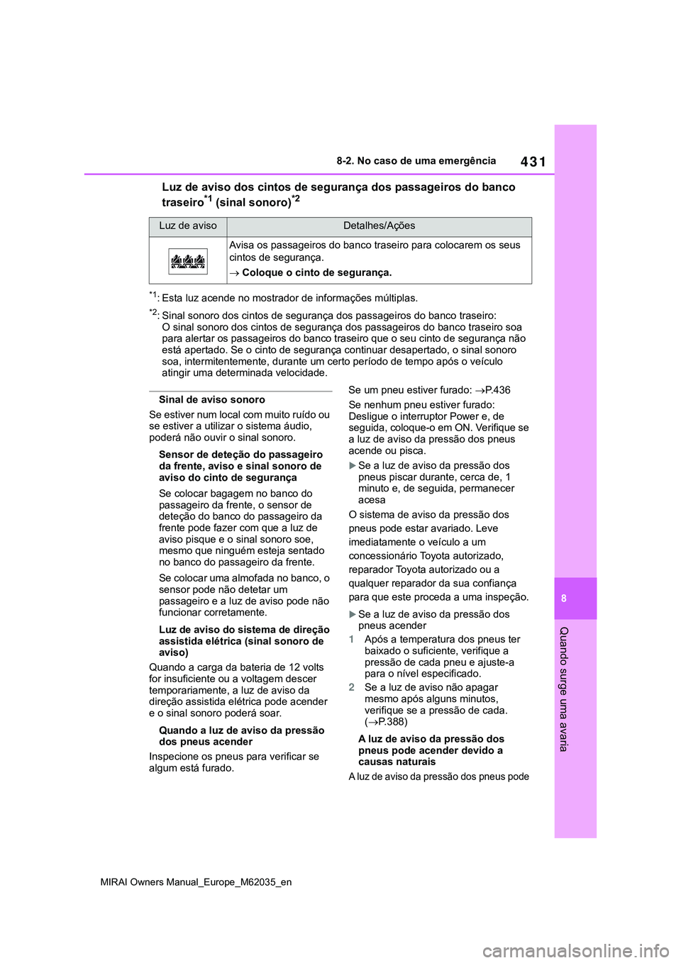 TOYOTA MIRAI 2021 Manual de utilização (in Portuguese) 431
8
MIRAI Owners Manual_Europe_M62035_en
8-2. No caso de uma emergência
Quando surge uma avaria
Luz de aviso dos cintos de segurança dos passageiros do banco
traseiro*1 (sinal sonoro)*2
*1: Esta TOYOTA MIRAI 2021 Manual de utilização (in Portuguese) 431
8
MIRAI Owners Manual_Europe_M62035_en
8-2. No caso de uma emergência
Quando surge uma avaria
Luz de aviso dos cintos de segurança dos passageiros do banco
traseiro*1 (sinal sonoro)*2
*1: Esta