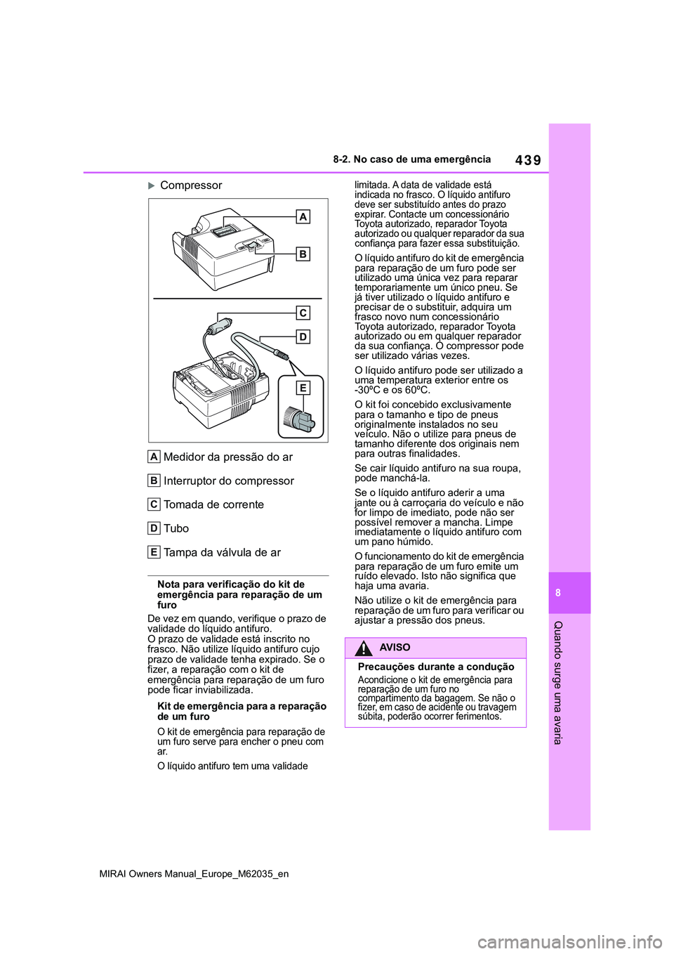 TOYOTA MIRAI 2021  Manual de utilização (in Portuguese) 439
8
MIRAI Owners Manual_Europe_M62035_en
8-2. No caso de uma emergência
Quando surge uma avaria
Compressor
Medidor da pressão do ar
Interruptor do compressor
Tomada de corrente
Tubo
Tampa da v
