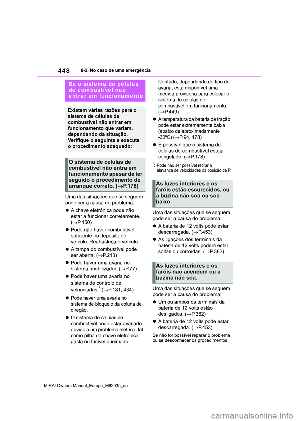 TOYOTA MIRAI 2021 Manual de utilização (in Portuguese) 448
MIRAI Owners Manual_Europe_M62035_en
8-2. No caso de uma emergência
Uma das situações que se seguem
pode ser a causa do problema:
A chave eletrónica pode não
estar a funcionar corretamen TOYOTA MIRAI 2021 Manual de utilização (in Portuguese) 448
MIRAI Owners Manual_Europe_M62035_en
8-2. No caso de uma emergência
Uma das situações que se seguem
pode ser a causa do problema:
A chave eletrónica pode não
estar a funcionar corretamen