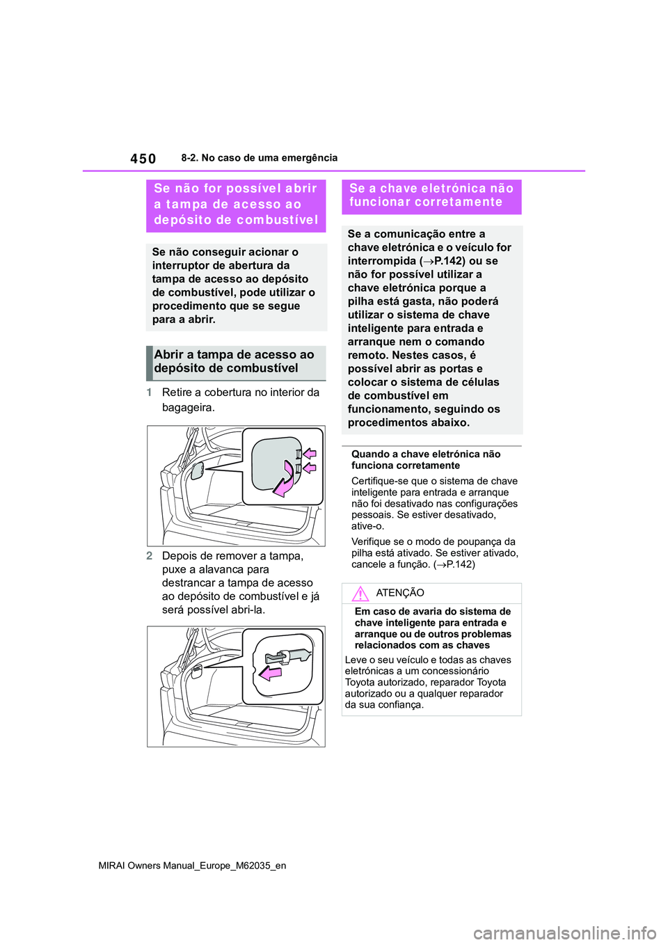TOYOTA MIRAI 2021 Manual de utilização (in Portuguese) 450
MIRAI Owners Manual_Europe_M62035_en
8-2. No caso de uma emergência
1Retire a cobertura no interior da
bagageira.
2Depois de remover a tampa,
puxe a alavanca para
destrancar a tampa de acesso TOYOTA MIRAI 2021 Manual de utilização (in Portuguese) 450
MIRAI Owners Manual_Europe_M62035_en
8-2. No caso de uma emergência
1Retire a cobertura no interior da
bagageira.
2Depois de remover a tampa,
puxe a alavanca para
destrancar a tampa de acesso