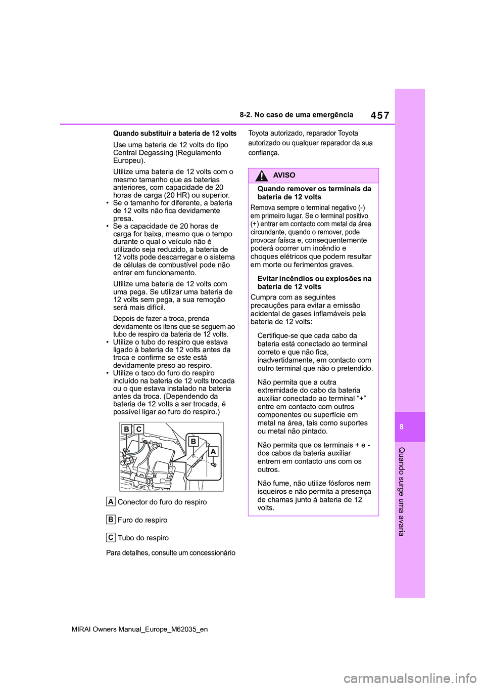 TOYOTA MIRAI 2021 Manual de utilização (in Portuguese) 457
8
MIRAI Owners Manual_Europe_M62035_en
8-2. No caso de uma emergência
Quando surge uma avaria
Quando substituir a bateria de 12 volts
Use uma bateria de 12 volts do tipo
Central Degassing (Regul TOYOTA MIRAI 2021 Manual de utilização (in Portuguese) 457
8
MIRAI Owners Manual_Europe_M62035_en
8-2. No caso de uma emergência
Quando surge uma avaria
Quando substituir a bateria de 12 volts
Use uma bateria de 12 volts do tipo
Central Degassing (Regul