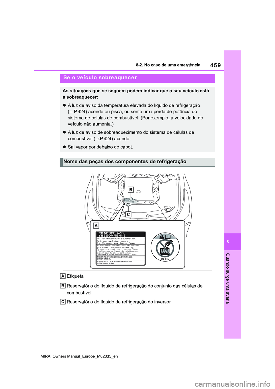 TOYOTA MIRAI 2021 Manual de utilização (in Portuguese) 459
8
MIRAI Owners Manual_Europe_M62035_en
8-2. No caso de uma emergência
Quando surge uma avaria
Etiqueta
Reservatório do líquido de refrigeração do conjunto das células de
combustível
Reserv TOYOTA MIRAI 2021 Manual de utilização (in Portuguese) 459
8
MIRAI Owners Manual_Europe_M62035_en
8-2. No caso de uma emergência
Quando surge uma avaria
Etiqueta
Reservatório do líquido de refrigeração do conjunto das células de
combustível
Reserv
