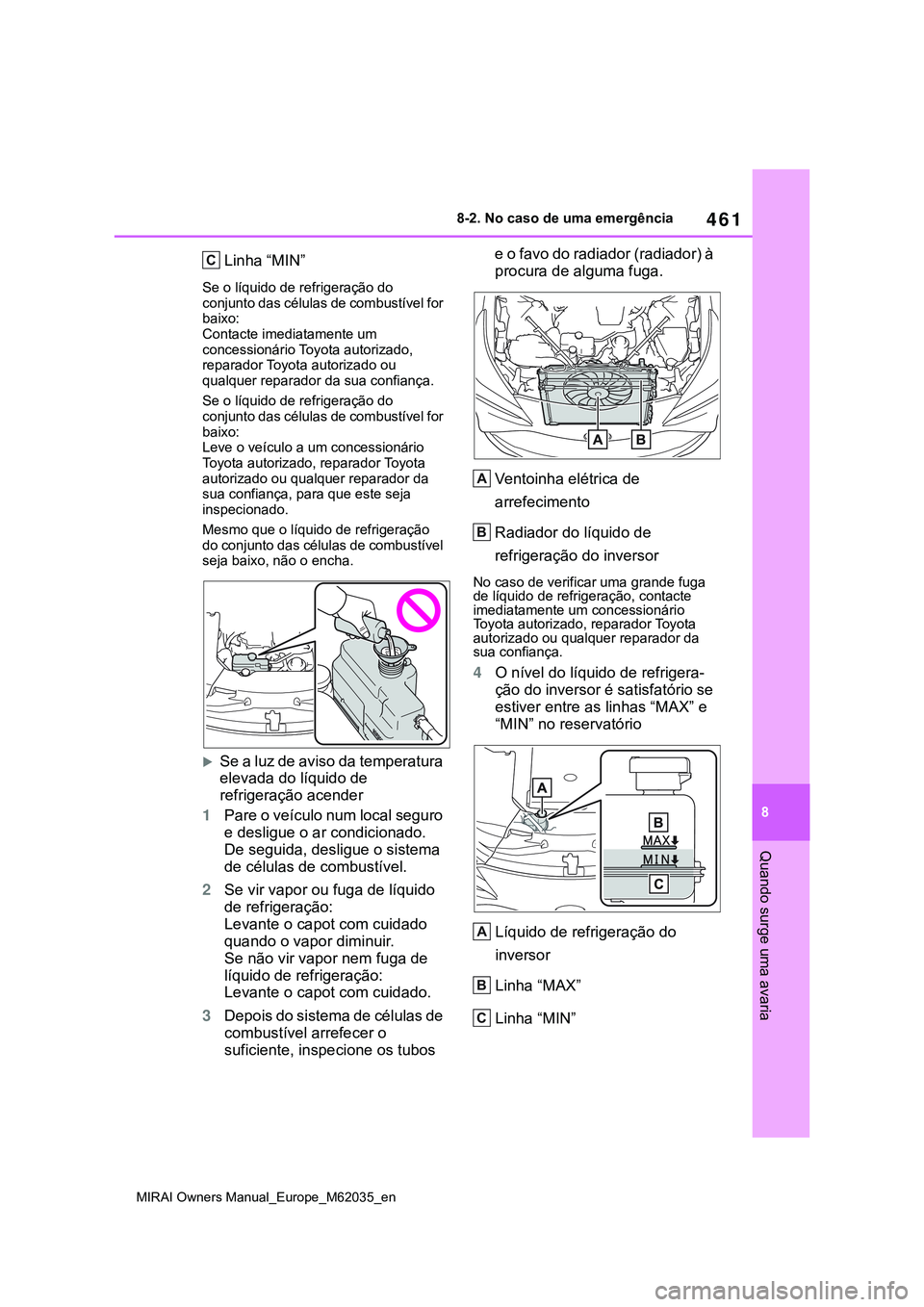 TOYOTA MIRAI 2021 Manual de utilização (in Portuguese) 461
8
MIRAI Owners Manual_Europe_M62035_en
8-2. No caso de uma emergência
Quando surge uma avaria
Linha “MIN”
Se o líquido de refrigeração do
conjunto das células de combustível for
baixo: TOYOTA MIRAI 2021 Manual de utilização (in Portuguese) 461
8
MIRAI Owners Manual_Europe_M62035_en
8-2. No caso de uma emergência
Quando surge uma avaria
Linha “MIN”
Se o líquido de refrigeração do
conjunto das células de combustível for
baixo: