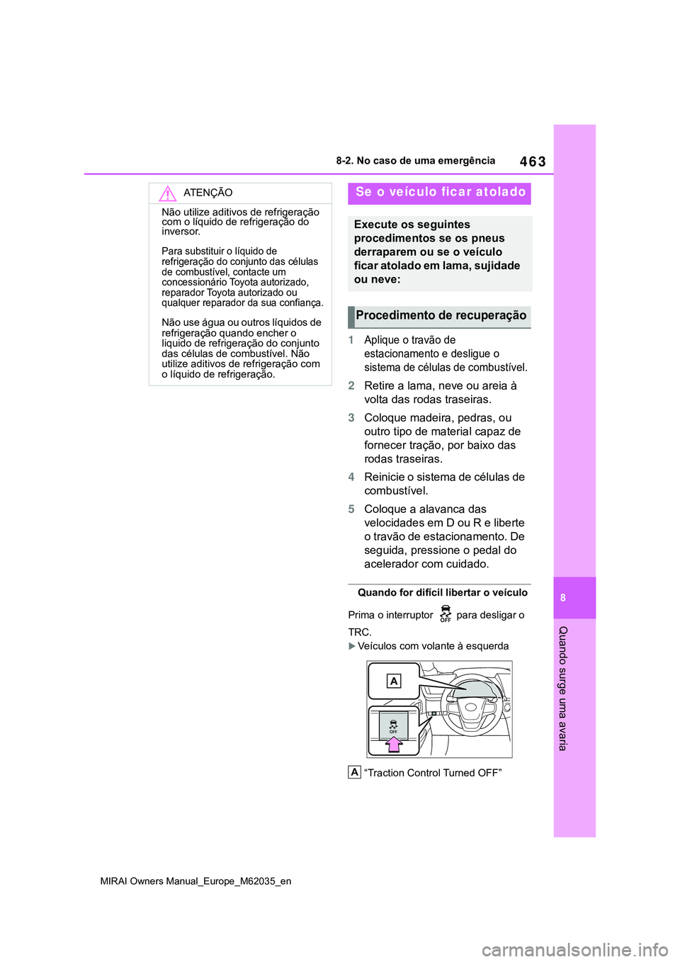 TOYOTA MIRAI 2021 Manual de utilização (in Portuguese) 463
8
MIRAI Owners Manual_Europe_M62035_en
8-2. No caso de uma emergência
Quando surge uma avaria
1Aplique o travão de
estacionamento e desligue o
sistema de células de combustível.
2Retire a la TOYOTA MIRAI 2021 Manual de utilização (in Portuguese) 463
8
MIRAI Owners Manual_Europe_M62035_en
8-2. No caso de uma emergência
Quando surge uma avaria
1Aplique o travão de
estacionamento e desligue o
sistema de células de combustível.
2Retire a la
