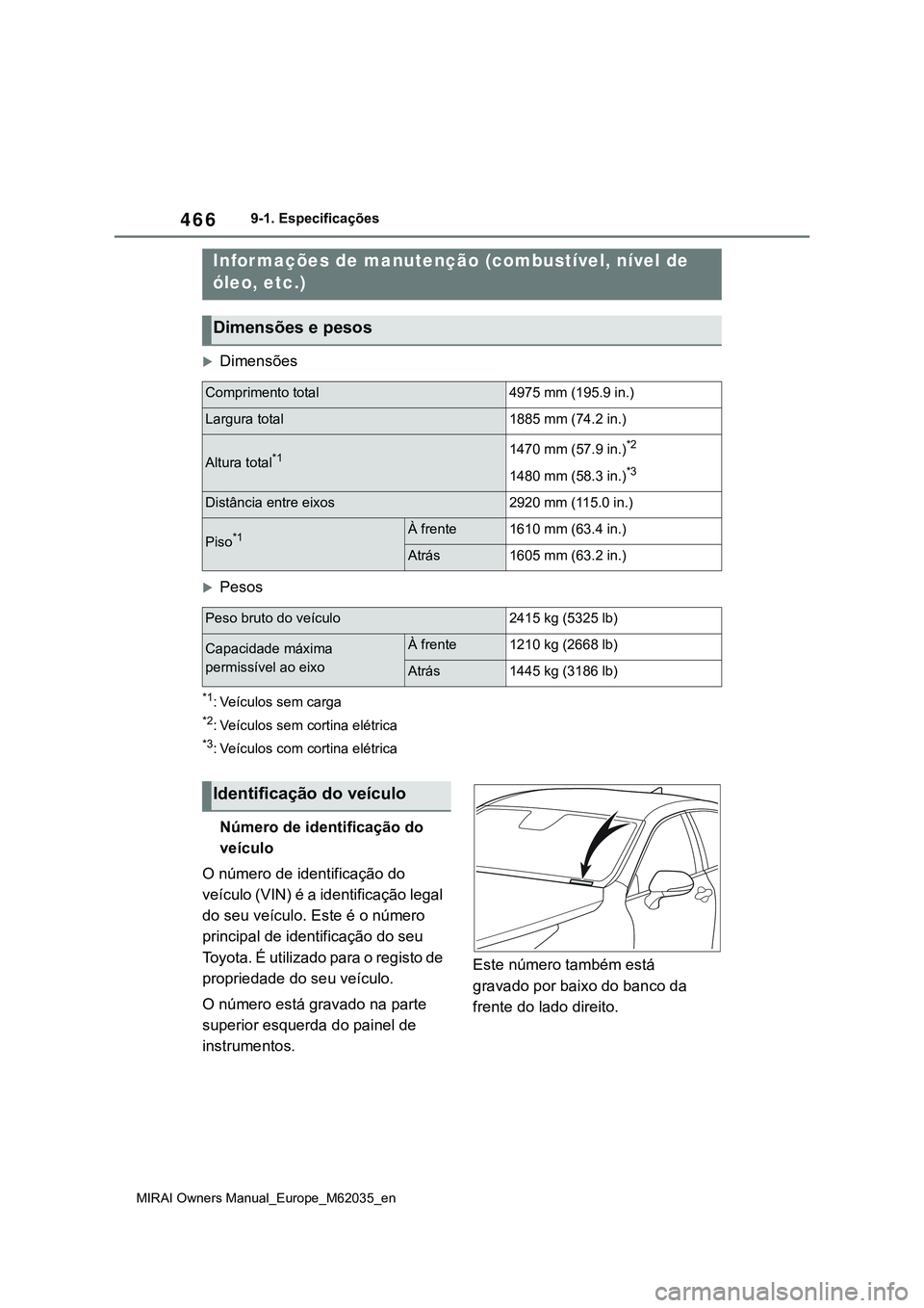 TOYOTA MIRAI 2021 Manual de utilização (in Portuguese) 466
MIRAI Owners Manual_Europe_M62035_en
9-1. Especificações
9-1.Especificações
Dimensões
Pesos
*1: Veículos sem carga
*2: Veículos sem cortina elétrica
*3: Veículos com cortina elétri TOYOTA MIRAI 2021 Manual de utilização (in Portuguese) 466
MIRAI Owners Manual_Europe_M62035_en
9-1. Especificações
9-1.Especificações
Dimensões
Pesos
*1: Veículos sem carga
*2: Veículos sem cortina elétrica
*3: Veículos com cortina elétri