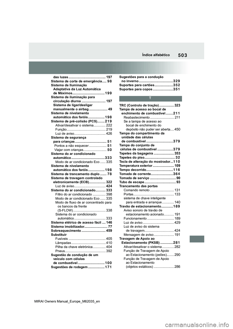 TOYOTA MIRAI 2021 Manual de utilização (in Portuguese) 503
MIRAI Owners Manual_Europe_M62035_en
Índice alfabético
das luzes ........................................197
Sistema de corte de emergência.....98
Sistema de Iluminação
Adaptativa da Luz Aut TOYOTA MIRAI 2021 Manual de utilização (in Portuguese) 503
MIRAI Owners Manual_Europe_M62035_en
Índice alfabético
das luzes ........................................197
Sistema de corte de emergência.....98
Sistema de Iluminação
Adaptativa da Luz Aut
