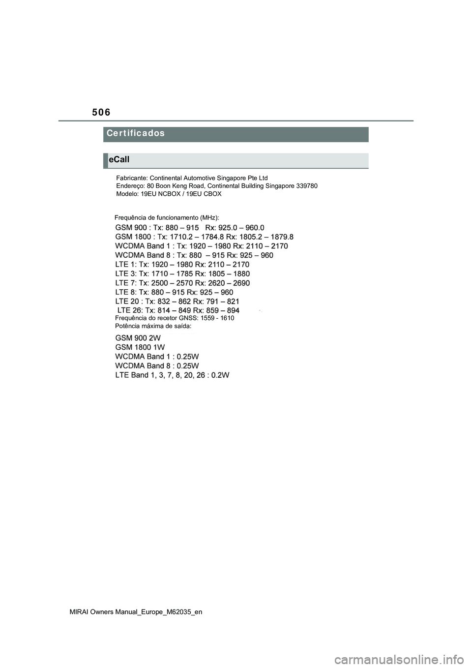 TOYOTA MIRAI 2021  Manual de utilização (in Portuguese) 506
MIRAI Owners Manual_Europe_M62035_en
Certificados
eCall
    Fabricante: Continental Automotive Singapore Pte Ltd
    Endereço: 80 Boon Keng Road, Continental Building Singapore 339780
    Modelo: