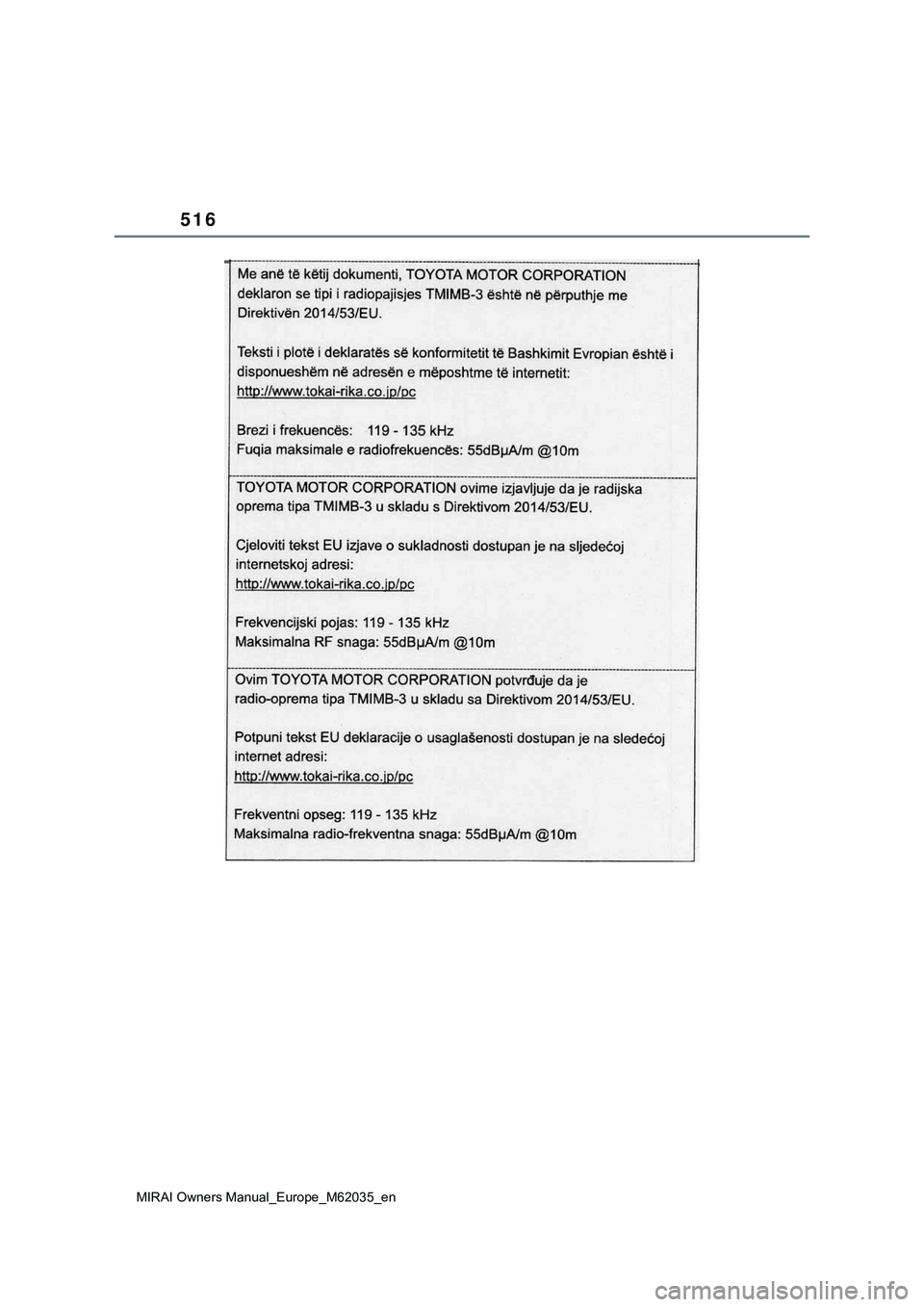TOYOTA MIRAI 2021 Manual de utilização (in Portuguese) 516
MIRAI Owners Manual_Europe_M62035_en TOYOTA MIRAI 2021 Manual de utilização (in Portuguese) 516
MIRAI Owners Manual_Europe_M62035_en