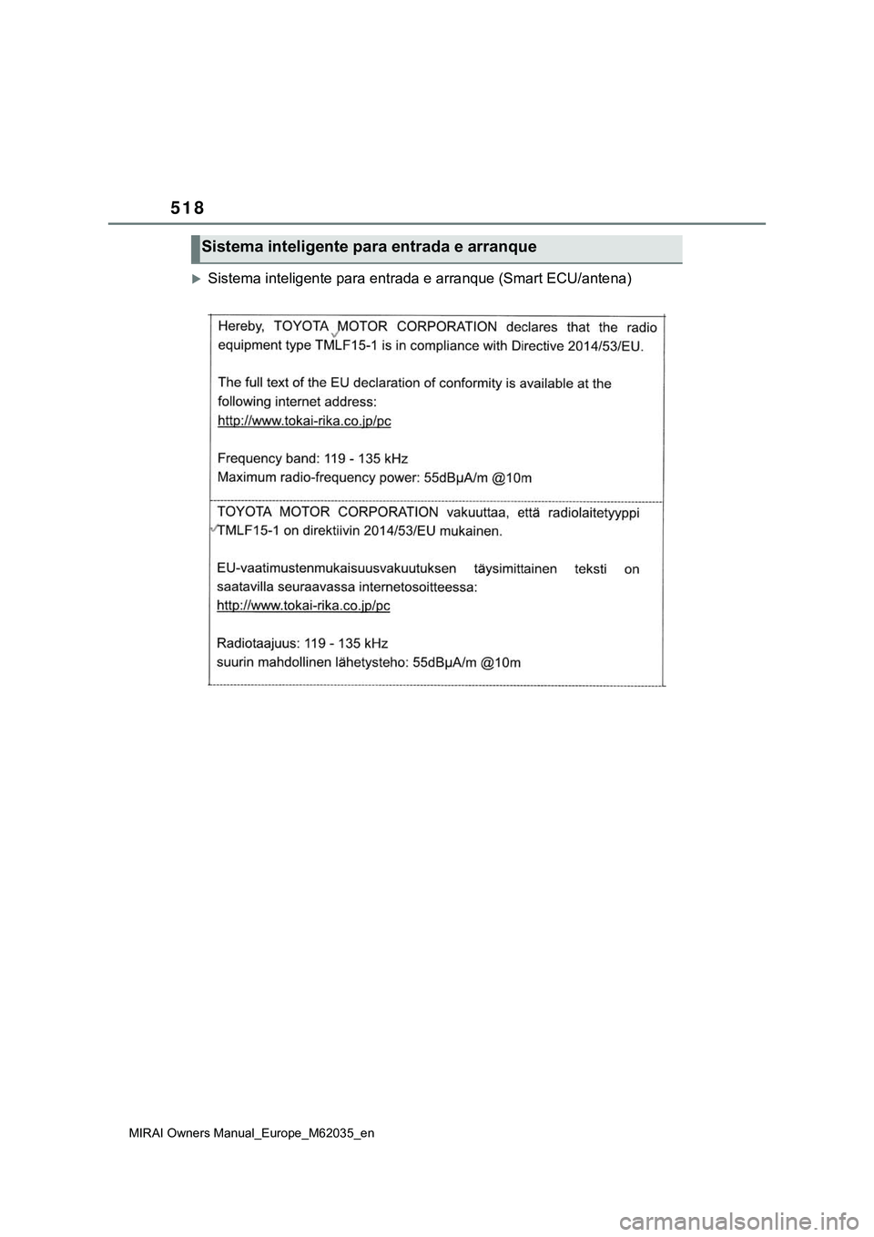 TOYOTA MIRAI 2021 Manual de utilização (in Portuguese) 518
MIRAI Owners Manual_Europe_M62035_en
Sistema inteligente para entrada e arranque (Smart ECU/antena)
Sistema inteligente para entrada e arranque TOYOTA MIRAI 2021 Manual de utilização (in Portuguese) 518
MIRAI Owners Manual_Europe_M62035_en
Sistema inteligente para entrada e arranque (Smart ECU/antena)
Sistema inteligente para entrada e arranque