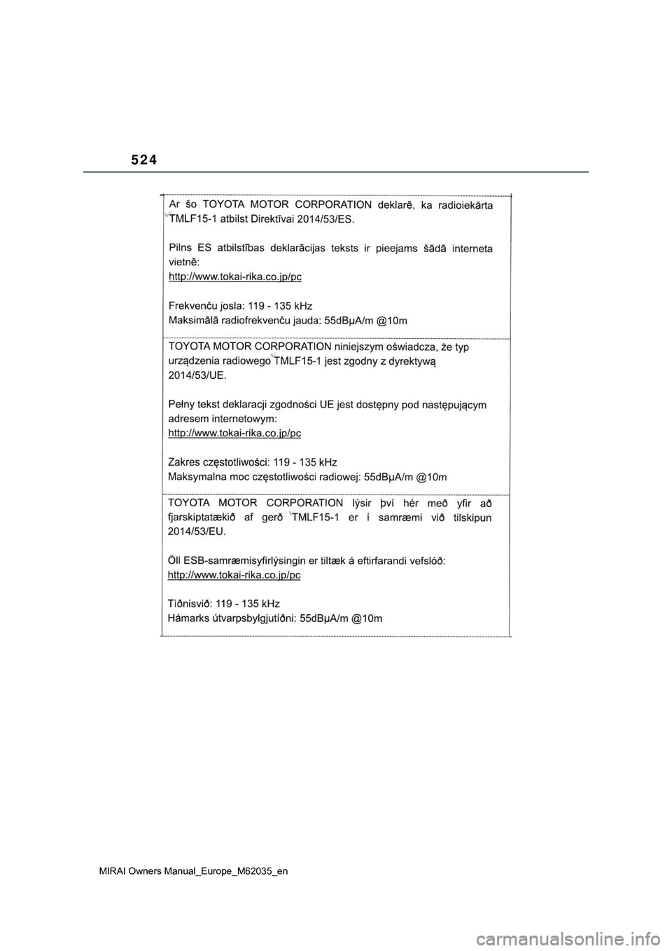 TOYOTA MIRAI 2021 Manual de utilização (in Portuguese) 524
MIRAI Owners Manual_Europe_M62035_en TOYOTA MIRAI 2021 Manual de utilização (in Portuguese) 524
MIRAI Owners Manual_Europe_M62035_en