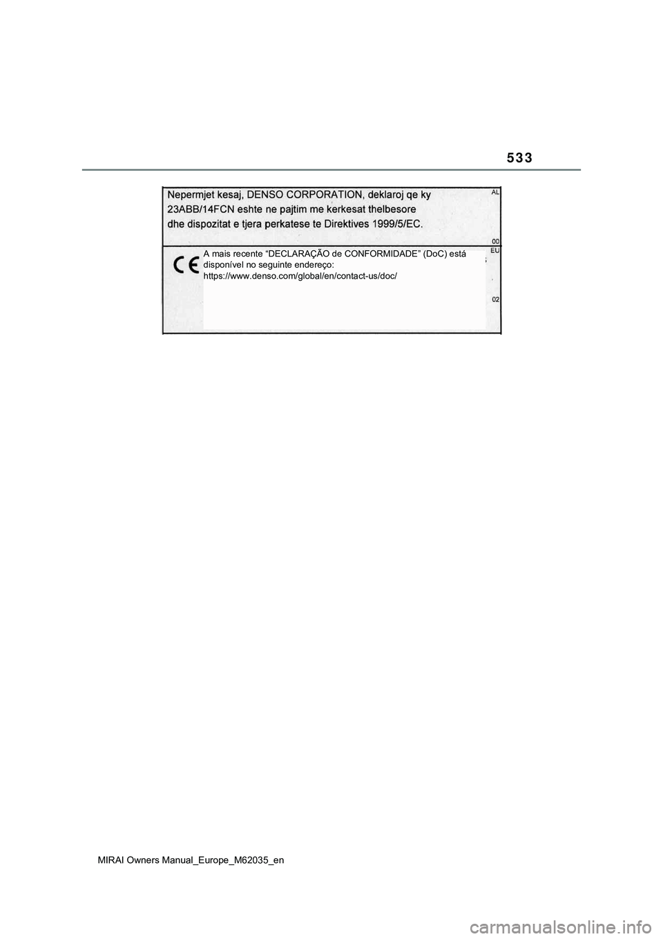TOYOTA MIRAI 2021  Manual de utilização (in Portuguese) 533
MIRAI Owners Manual_Europe_M62035_en
A mais recente “DECLARAÇÃO de CONFORMIDADE” (DoC) está 
disponível no seguinte endereço:
https://www.denso.com/global/en/contact-us/doc/ 
